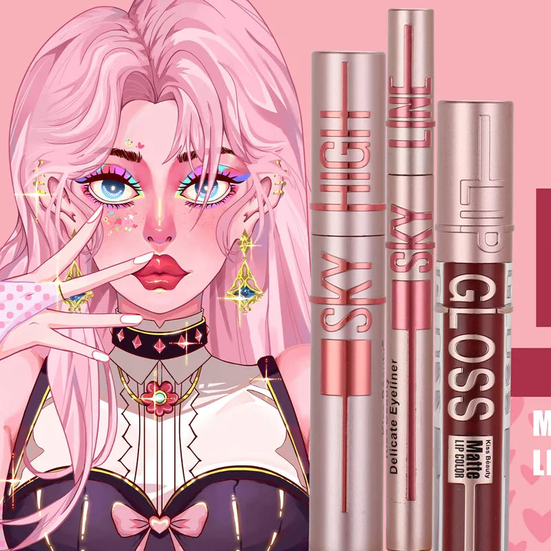 3 IN 1 Máscara de Pestaña & Brillo Labial & Delineador de Ojos