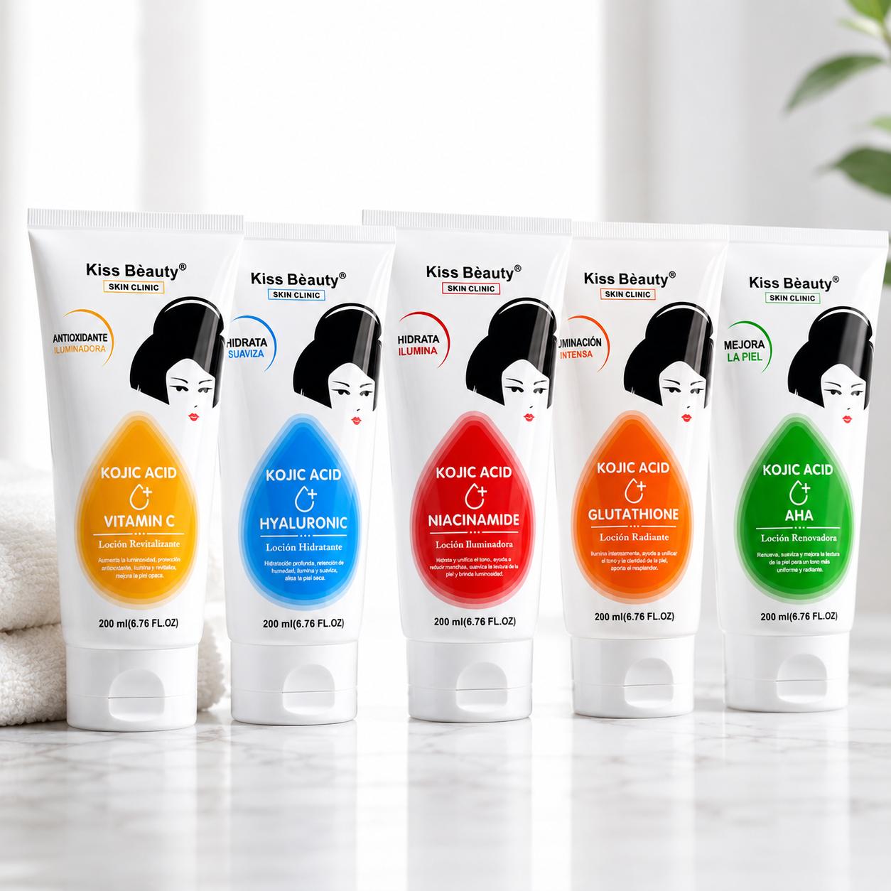 Serie de Loción Hidratante Corporal Iluminadora con Kojic Acid , Boost, Hydro, Radiante, Refinadora, Suavizante. Con Ácido Hialurónico, AHA, Glutatión, Niacinamida y Vitamina C.