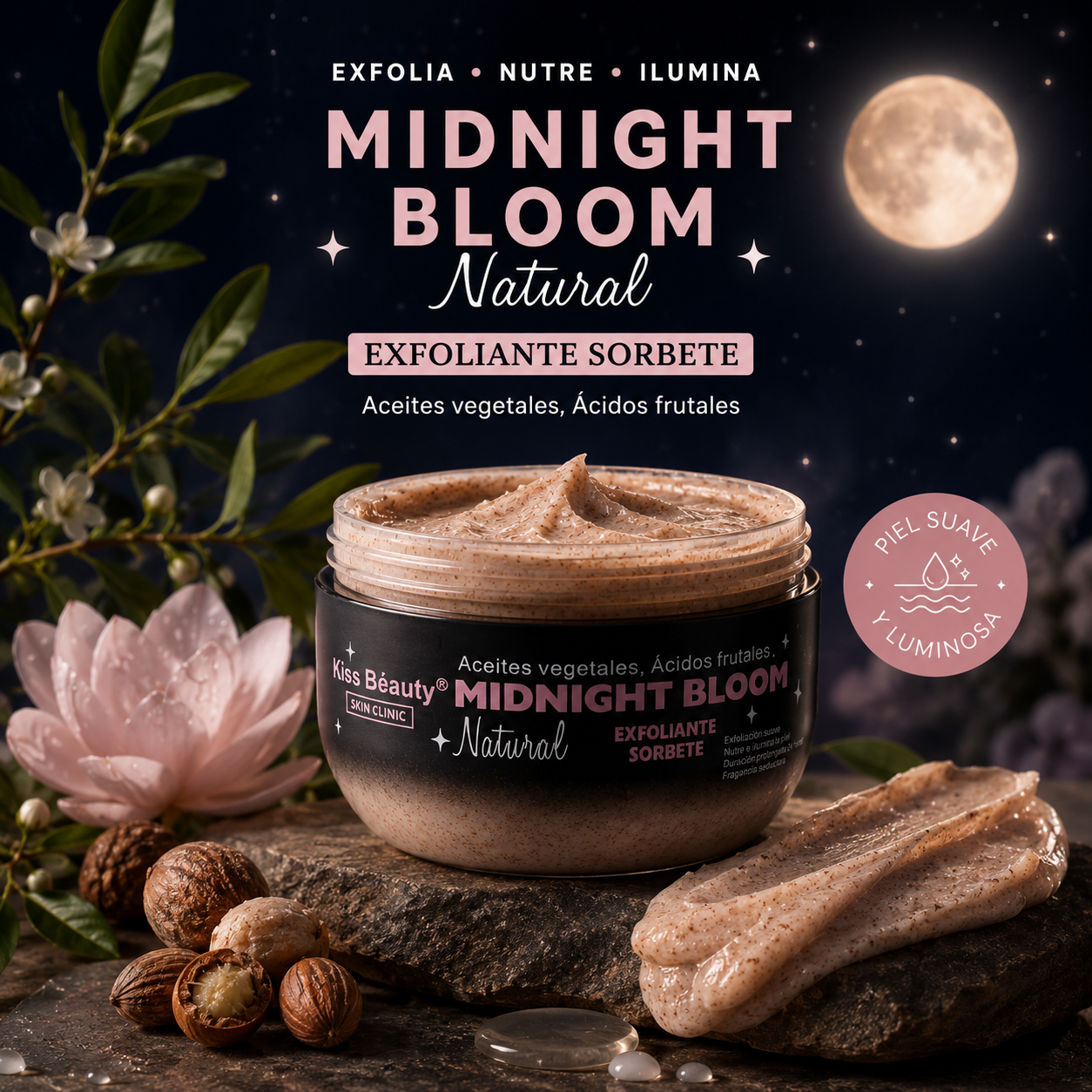 Exfoliante en Sorbete con Aceites Vegetales y Ácidos Frutales. Serie Midnight Bloom. Fragancia Seductora..