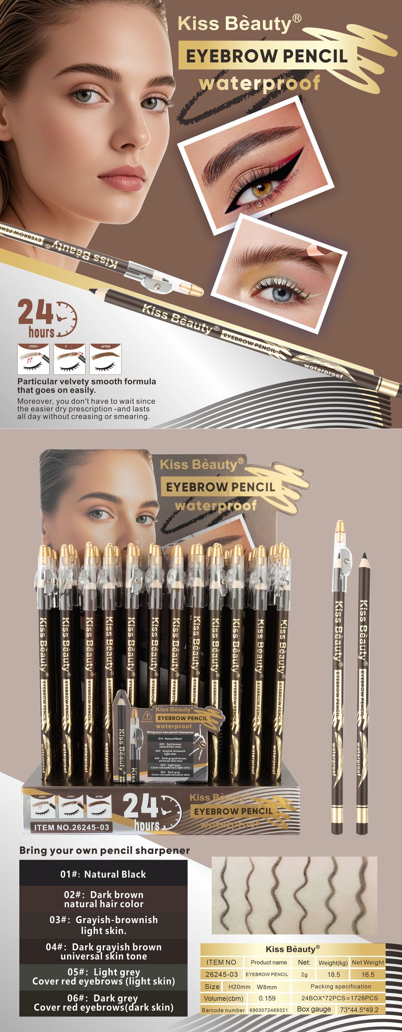 Lápiz para Cejas Delicado y Suave, No Reseca, Larga Duración, Impermeable