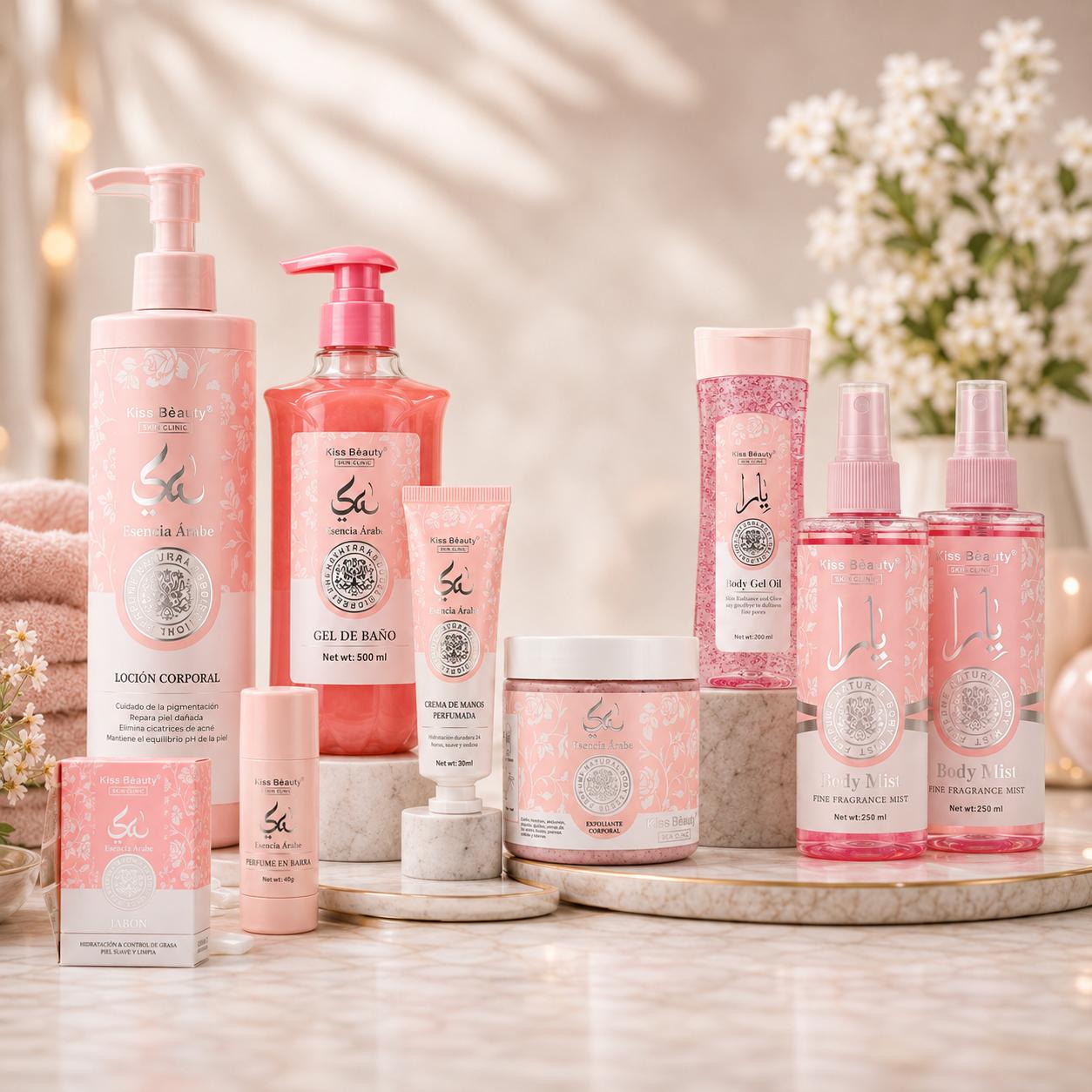 Pack Esencia Árabe Spa Corporal 5 Productos | Jabón, Exfoliante, Loción, Aceite y Crema de Manos. Gel de Ducha, Bruma .
