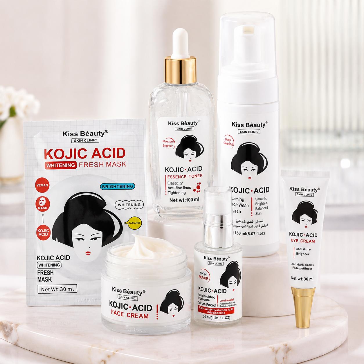 Set de Cuidado Facial con Ácido Kójico, Kojic Acid Skincare, Lote de 6 Productos. Antimancha, Piel Iluminada, Hidratada