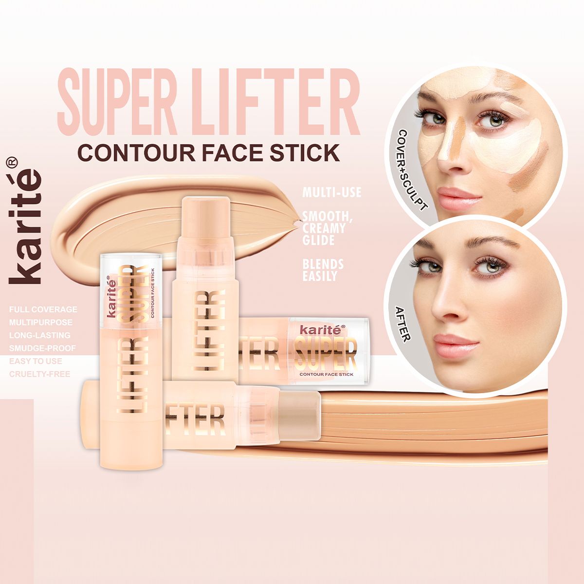 Barra de Contorno Facial Suave y Cremoso, Alta Cobertura. Cruelty Free.