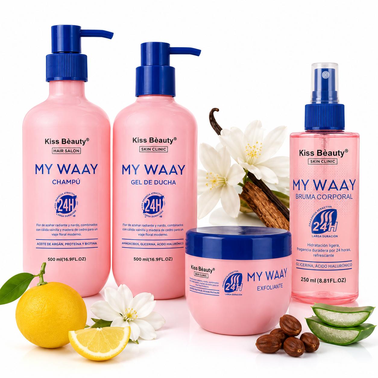 Colección Serie My Waay, Loción Corporal, Gel de Ducha, Exfoliante Corporal, Limpiador Facial, Bruma Corporal, Piel Hidr