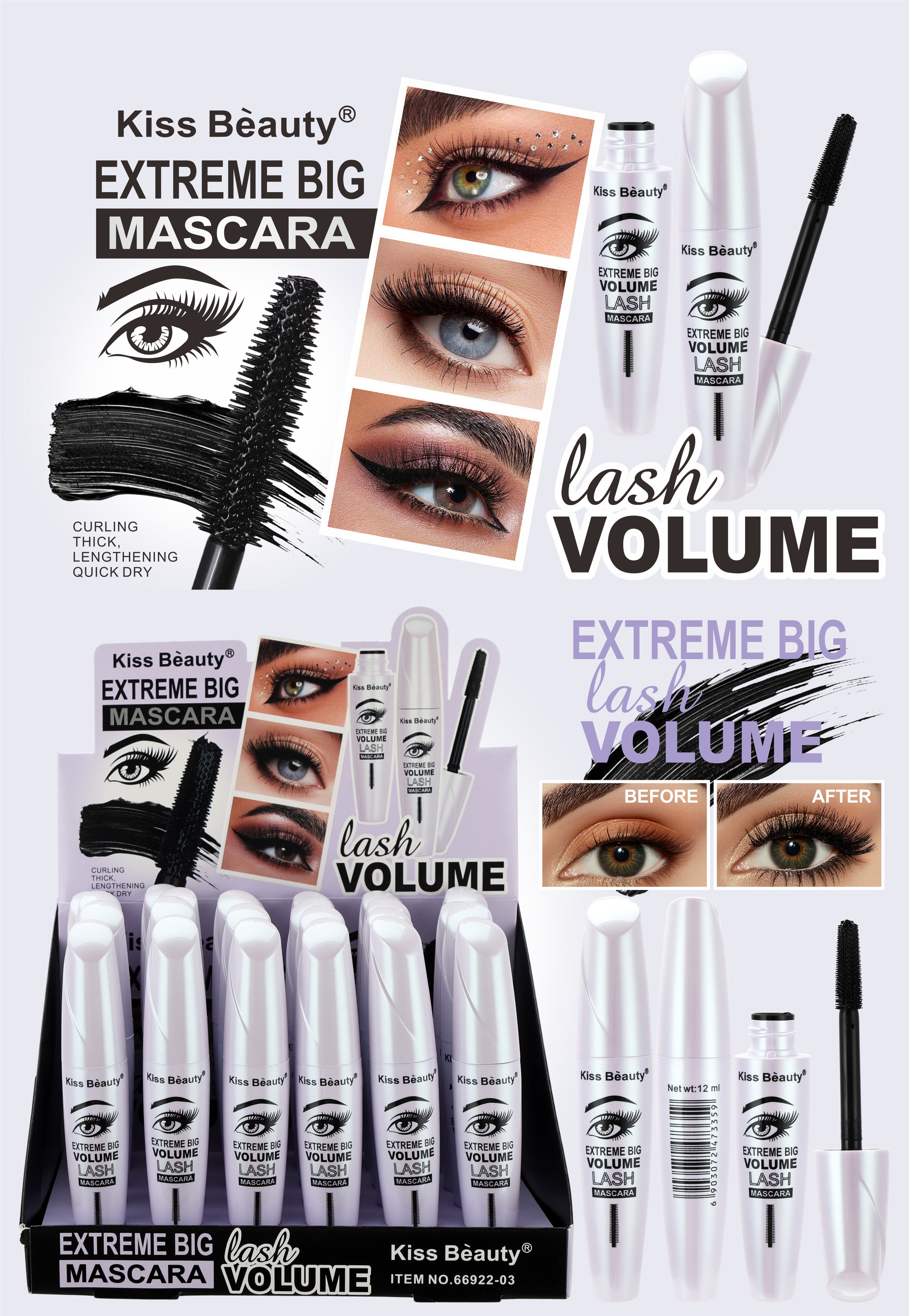 Máscara de Pestañas Extreme Big – Volumen Extremo, Riza y Alarga, Secado Rápido, Negro Intenso, 12 ml