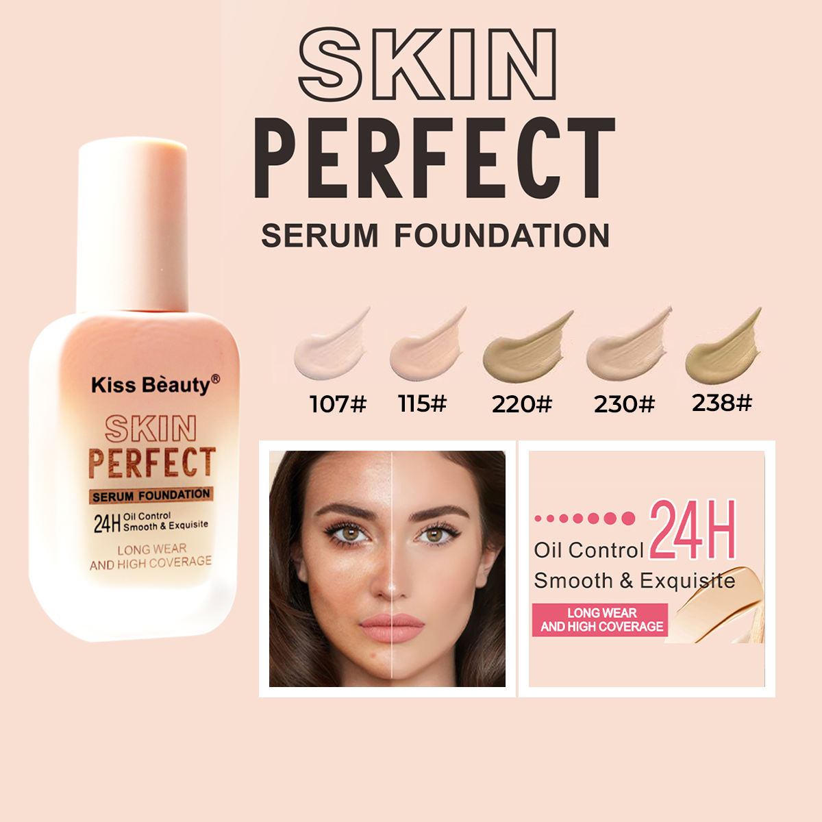 Base de Maquillaje, Fondo de Maquillaje Waterproof, Foundation con Ácido Hialurónico