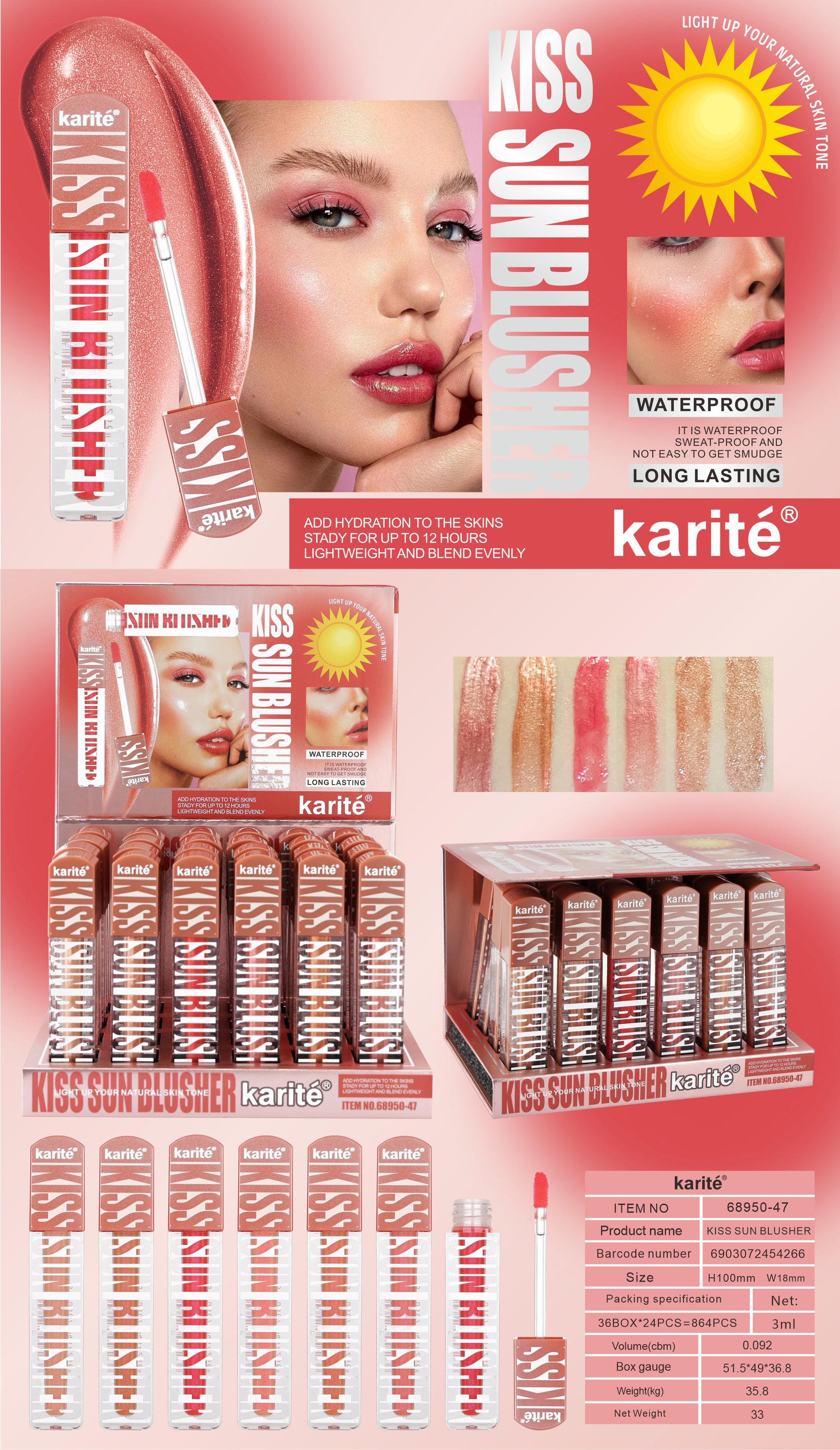 Colorete/ Lip Gloss 2 in 1 Brillante Impermeable Hidratante Larga Duración