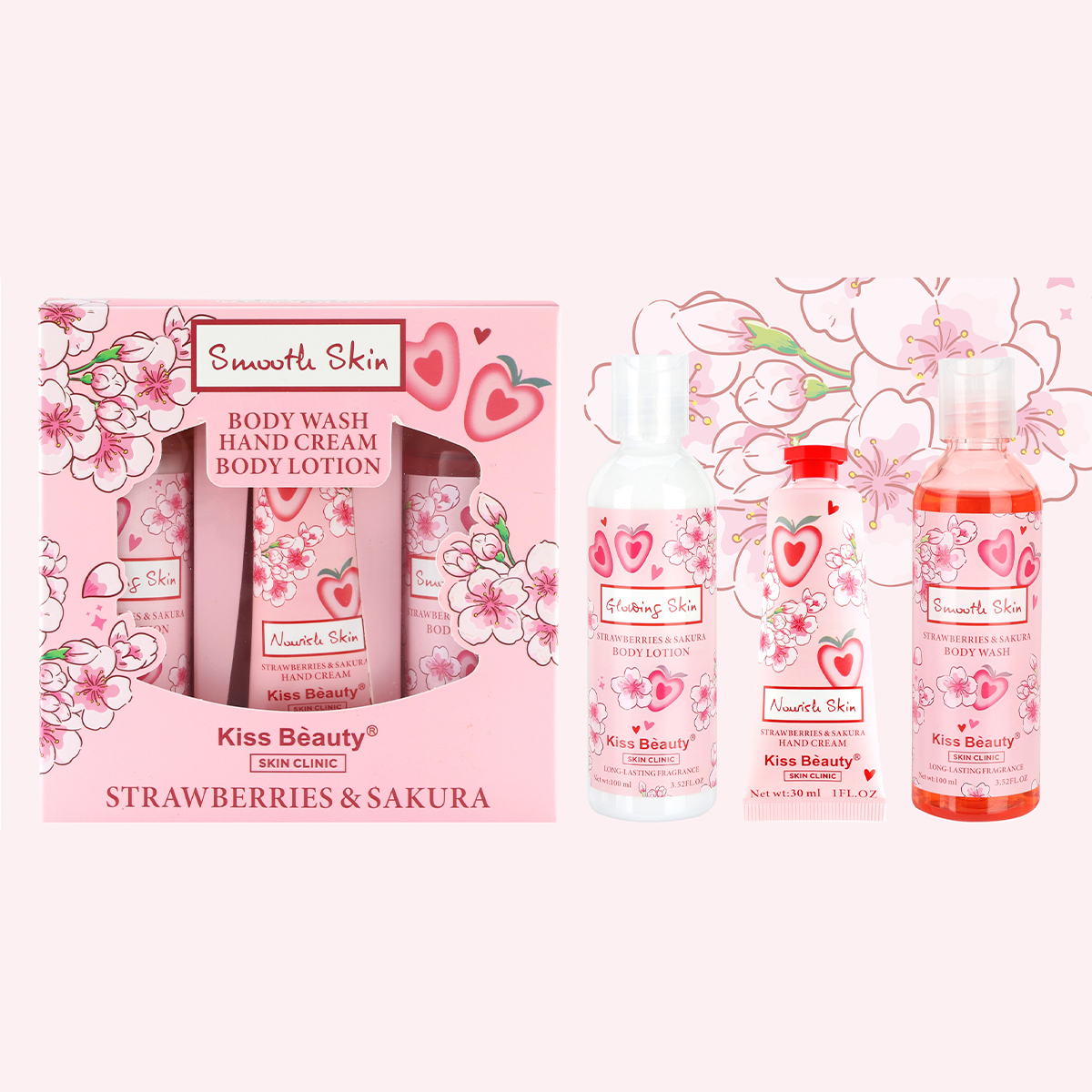 Gel de Ducha, Loción Corporal y Crema de Manos ( Fresa y Sakura)