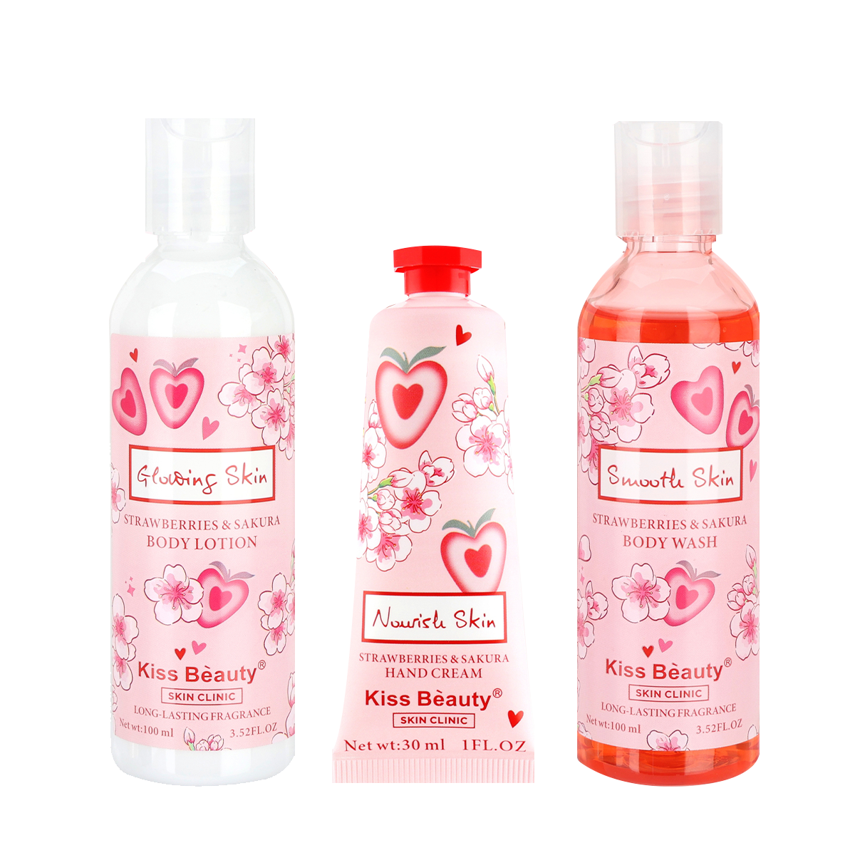Gel de Ducha, Loción Corporal y Crema de Manos ( Fresa y Sakura)