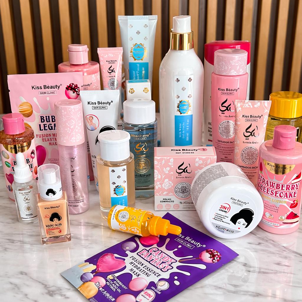 Set Skincare de 7 Productos de Linea Coreana Kojic Acid , Esencia Árabe , Milk White y Linea Tulipan . Caja Viral de Be