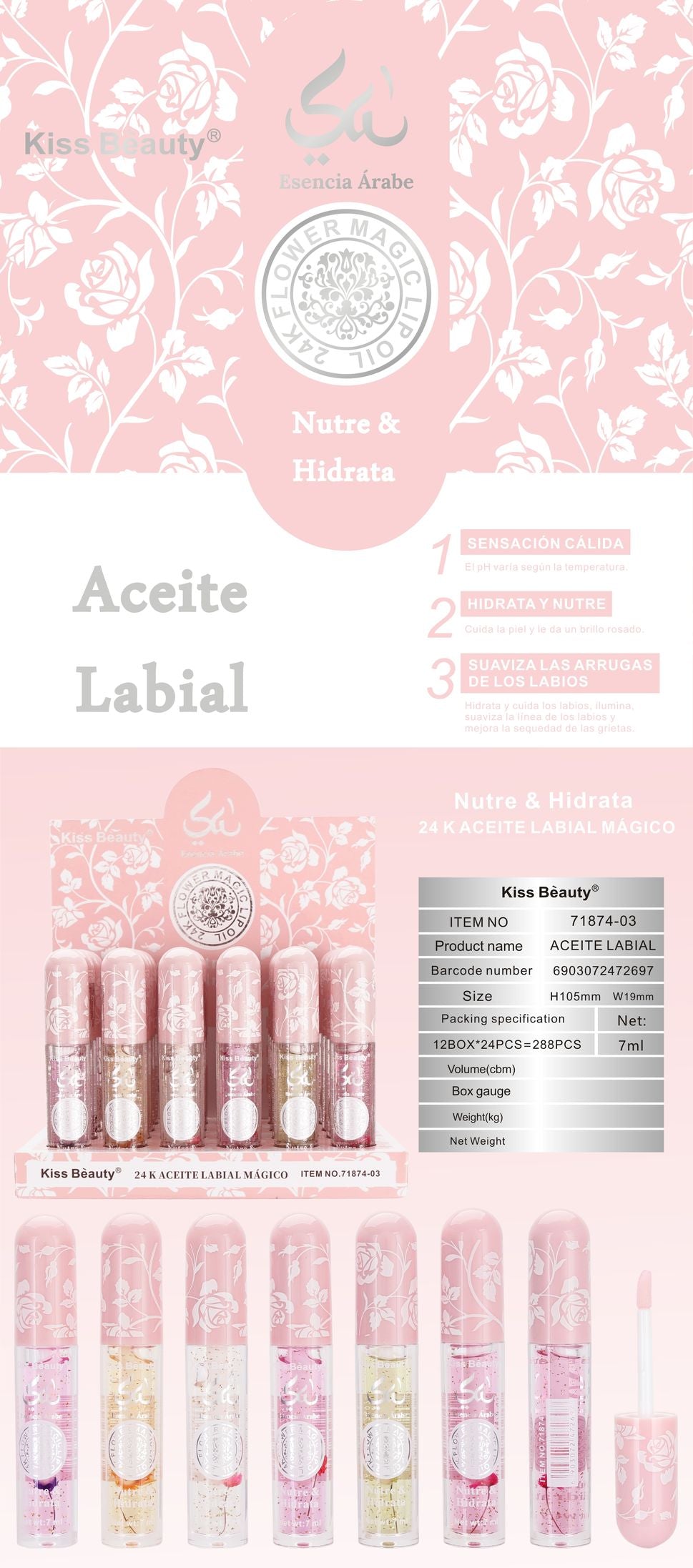 Aceite Labial 24K Mágico, Nutre e Hidrata. Esencia Árabe. Ambientado en Perfume Árabe.