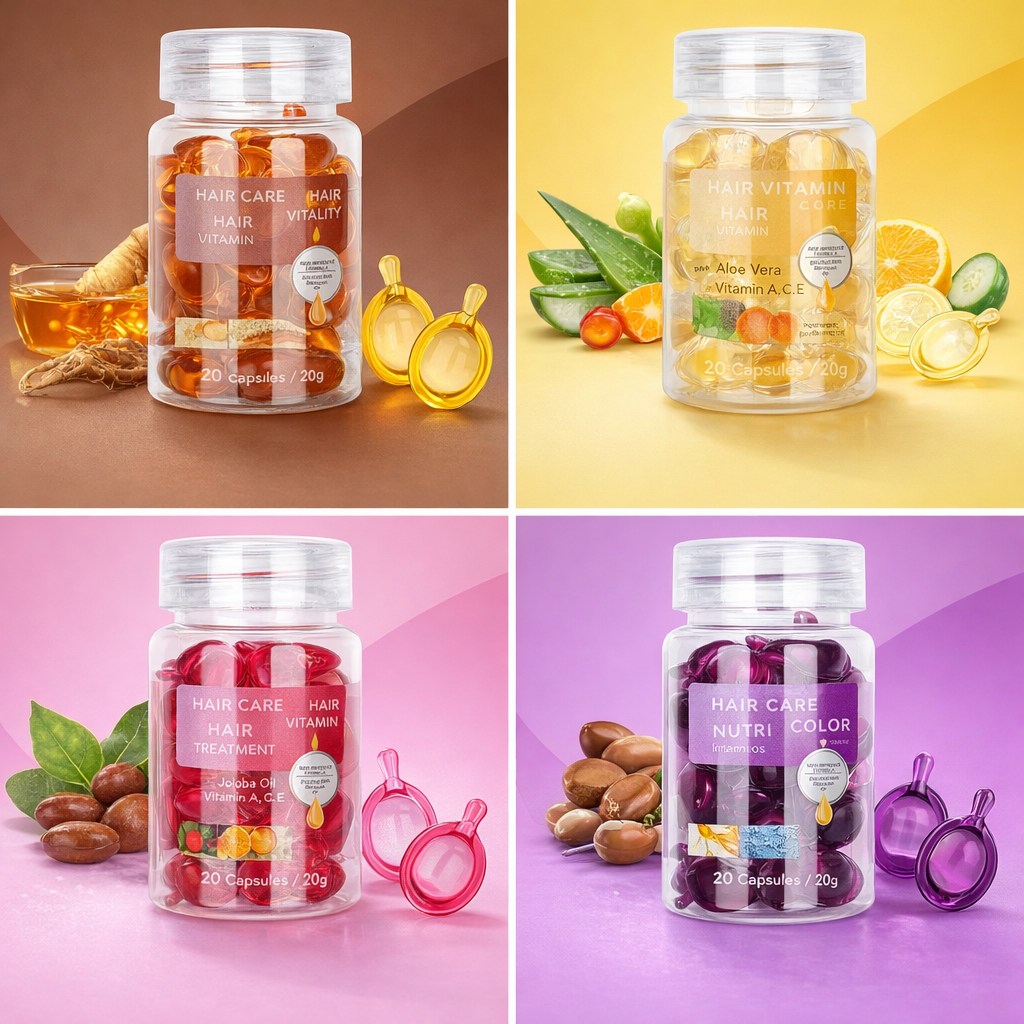 Cápsulas Capilares. 4 Opciones, con Aceite Marroquí, Aceite de Argán, Aceite de Jojoba, Vitaminas A, C y E – Tratamiento Reparador para Cabello Dañado – 20 Cápsulas (20 g)