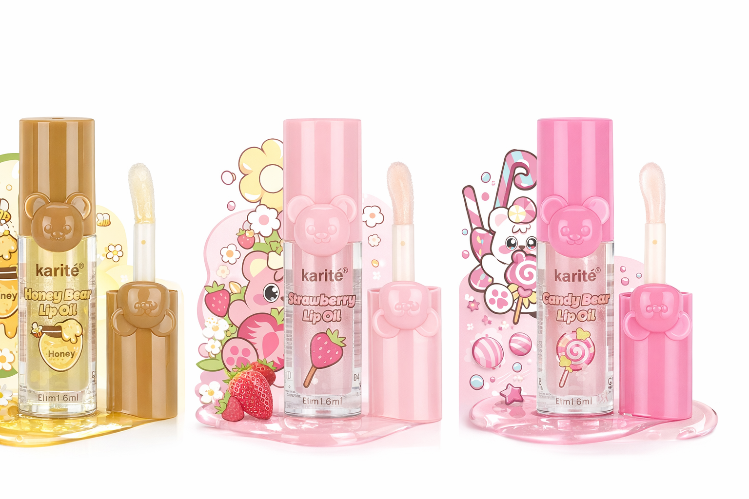 Lip Oil Hidratante – Aceite Labial Nutritivo con Acabado Brillante, Larga Duración (6 ml) – Variantes Honey Bear, Strawberry Bear y Candy Bear