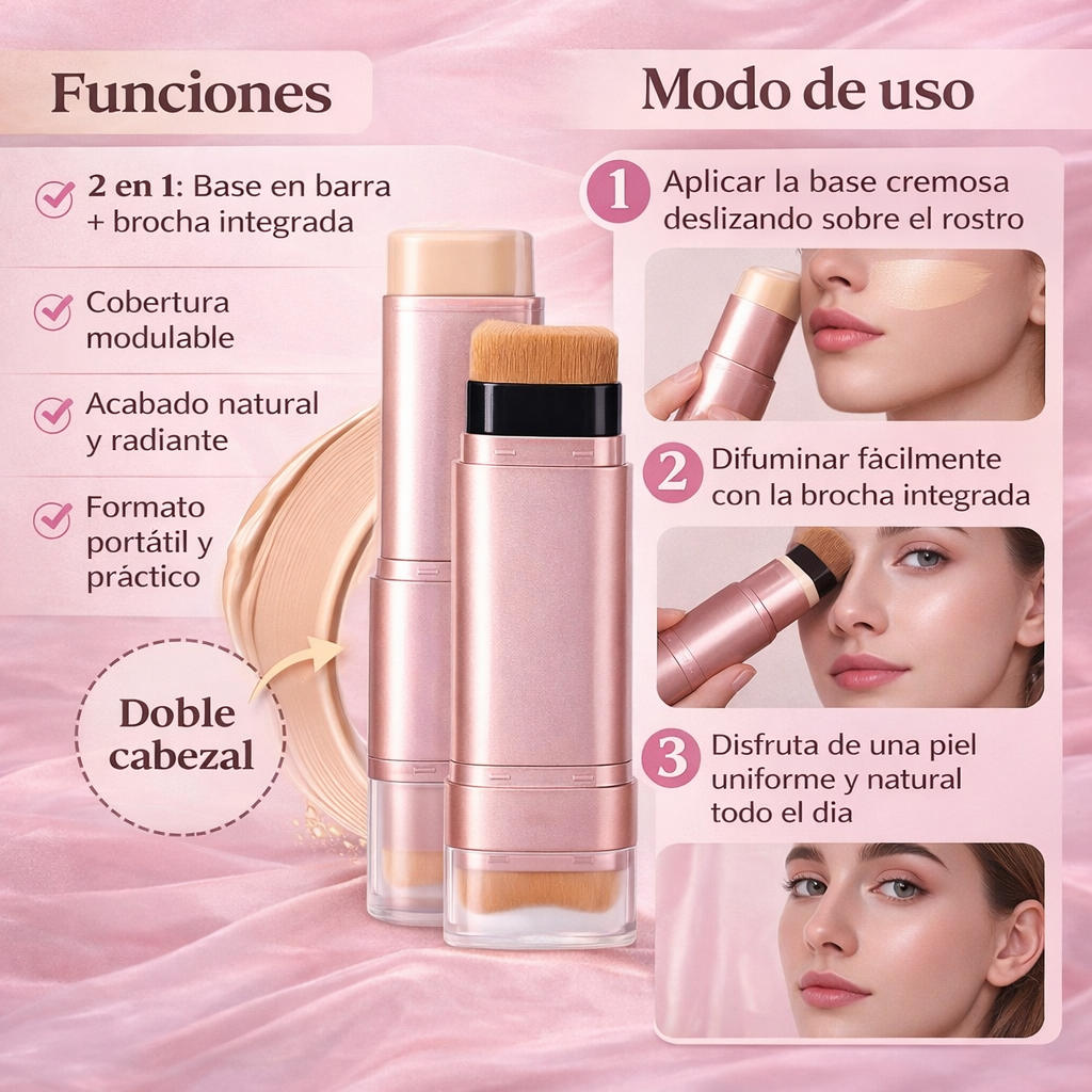 Base de Maquillaje en Barra, Doble Punta con Brocha Incluida. Larga Duración , Fácil de Aplicar, Acabado Natural 16.5 g