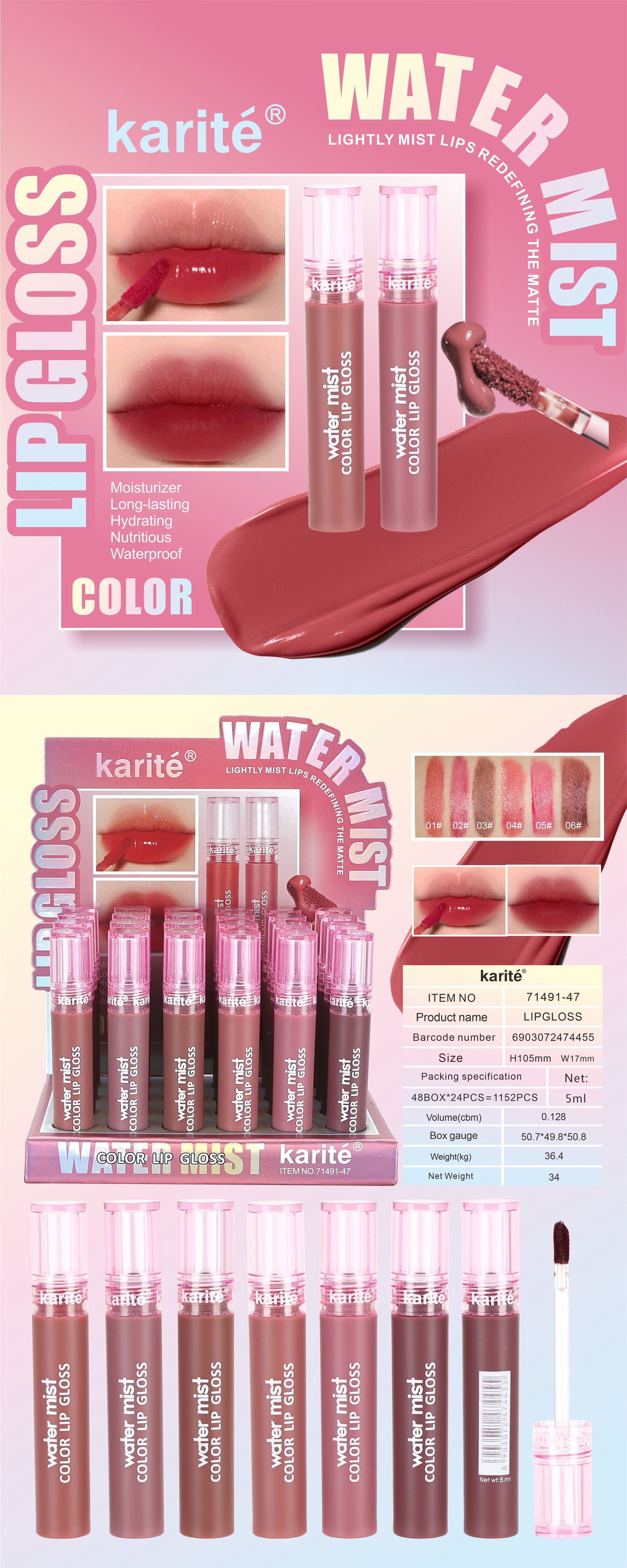 Brillo Labial Water Mist – Color Ligero, Hidratante, Acabado Mate Difuminado, Larga Duración, 5 ml