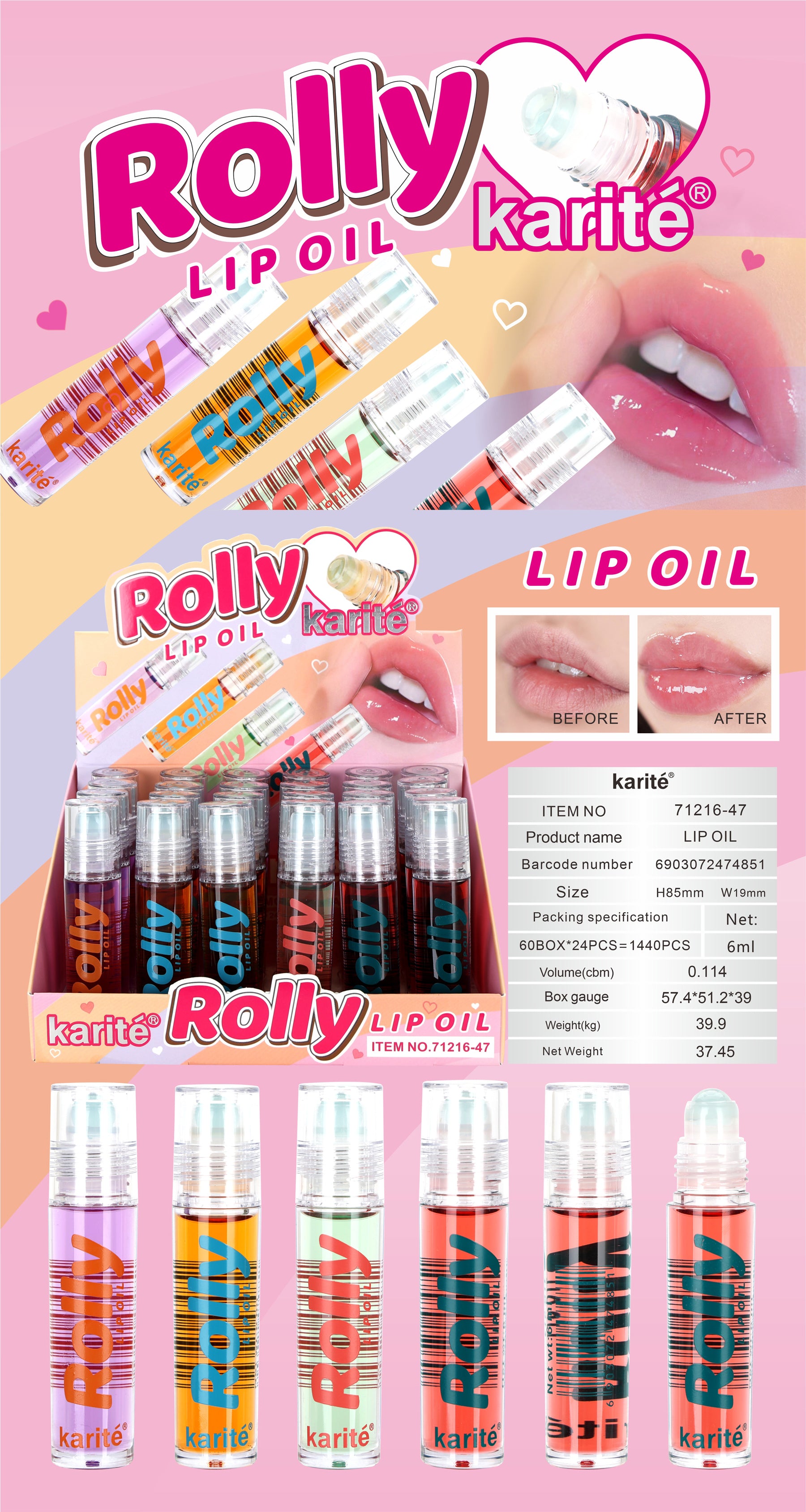 Lip Oil Rolly, Brillo Labial Nutritivo con Karité – Efecto Gloss Natural – Roll-On – Labios Suaves y Brillantes