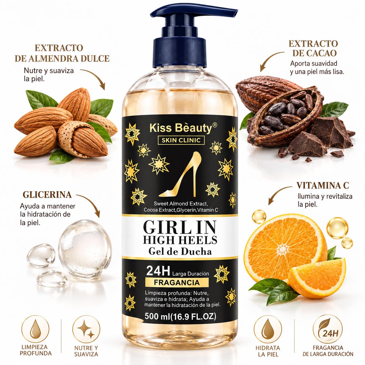 Serie Girl in High Heels – Colección de Cuidado Corporal, Capilar y Labial, Gel de Ducha, Champú Suavizante y Aceite Lab