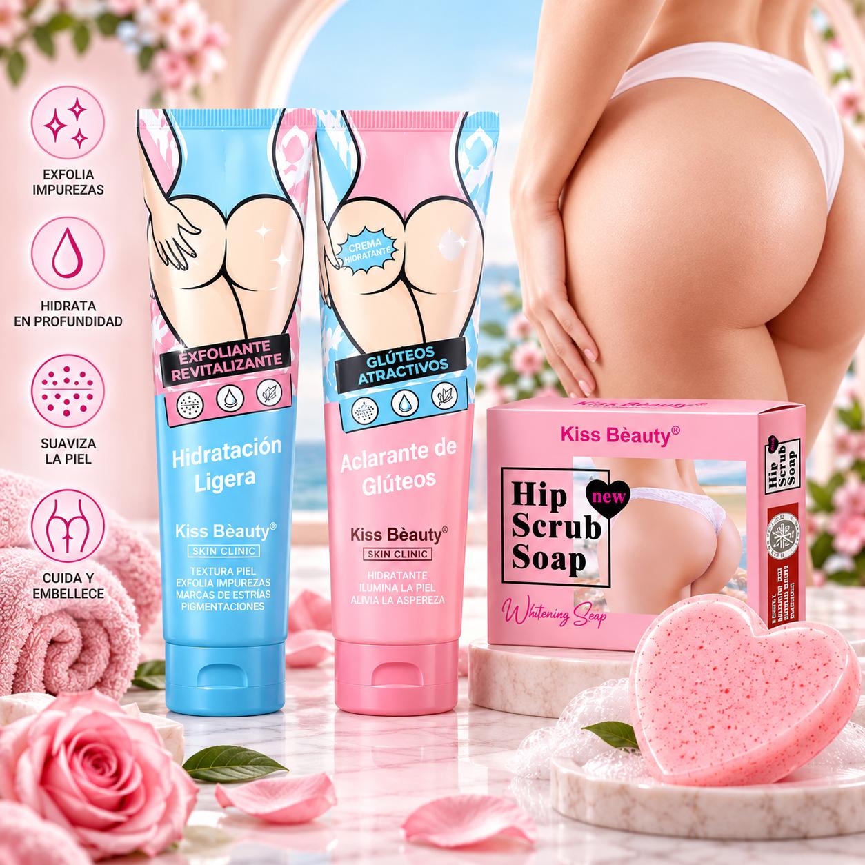 Cuidado Corporal , Cuidado de los Glúteos – Exfoliante Revitalizante, Crema para Glúteos y Jabón Exfoliante Hip Scrub