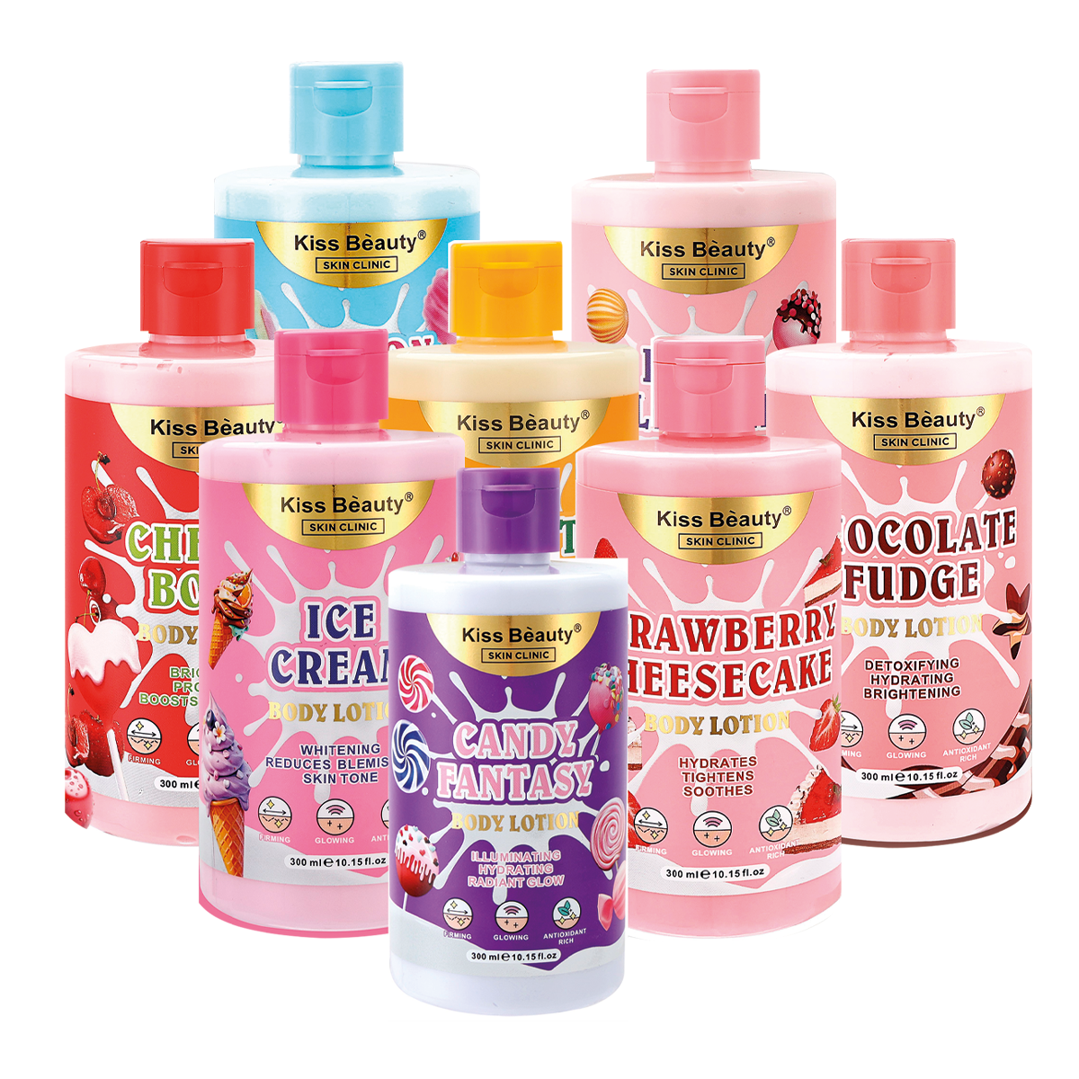 Loción Corporal Candy Fantasy, Bubb Legum, Cotton Candy, Cherry Boom, Ice Cream, Fruit Gummy, Strawberry Cheesecake, Chocolate Fudge