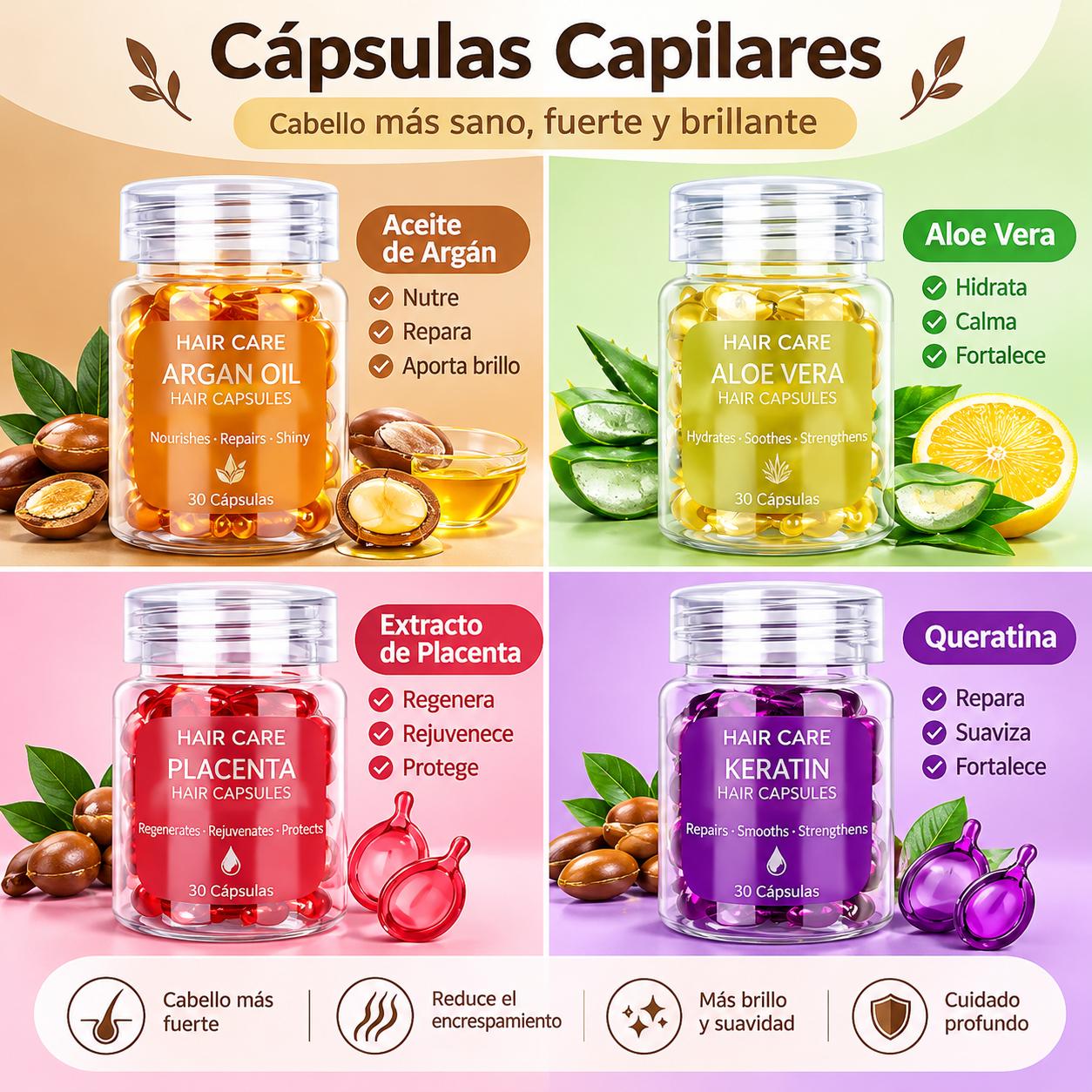 Cápsulas Capilares para Cabello Dañado con Aceite Marroquí Argán Jojoba y Vitaminas A C E Tratamiento Reparador 20 Cápsu