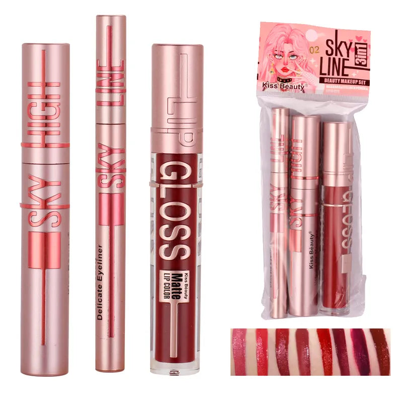 3 IN 1 Máscara de Pestaña & Brillo Labial & Delineador de Ojos