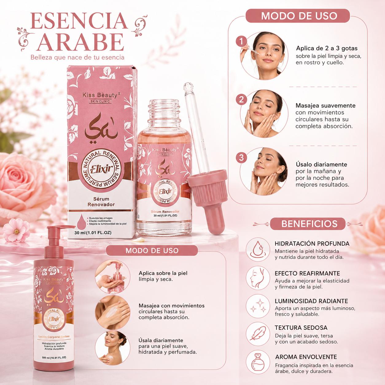 Colección Esencia Árabe Serie Elixir, Loción Corporal, Gel de Ducha, Desodorante, Sérum Facial Renovador, Exfoliante Cor