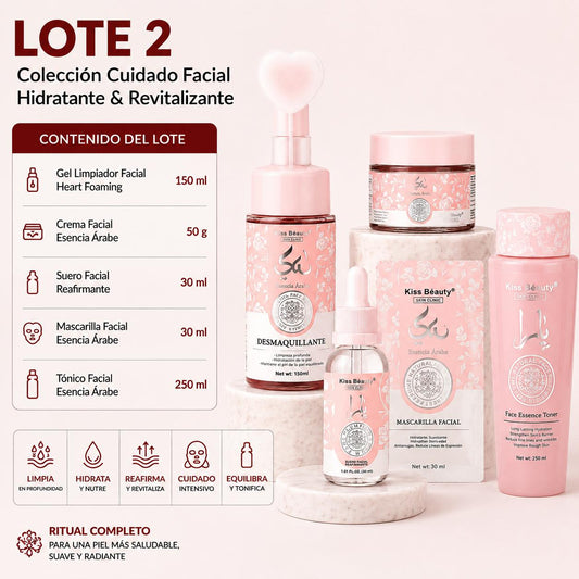 Lote 5 Productos Faciales, Ambientado en Esencia Árabe, Limpiador Facial con Aplicador,  Gel Exfoliante o Limpiador Faci