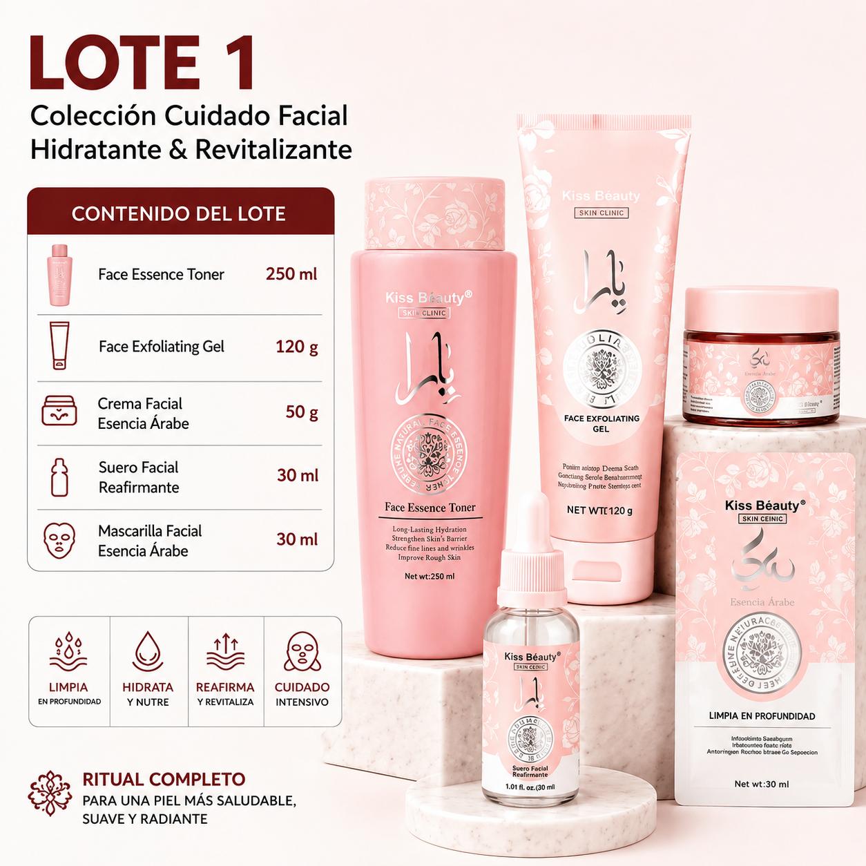 Lote 5 Productos Faciales, Ambientado en Esencia Árabe, Limpiador Facial con Aplicador,  Gel Exfoliante o Limpiador Faci