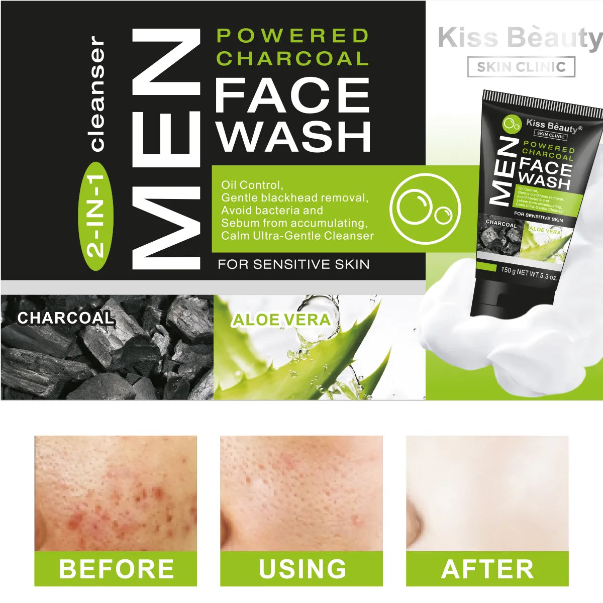 Limpiador Facial 2 In 1 Con Carbón Activo y Aloe Vera Para Hombres