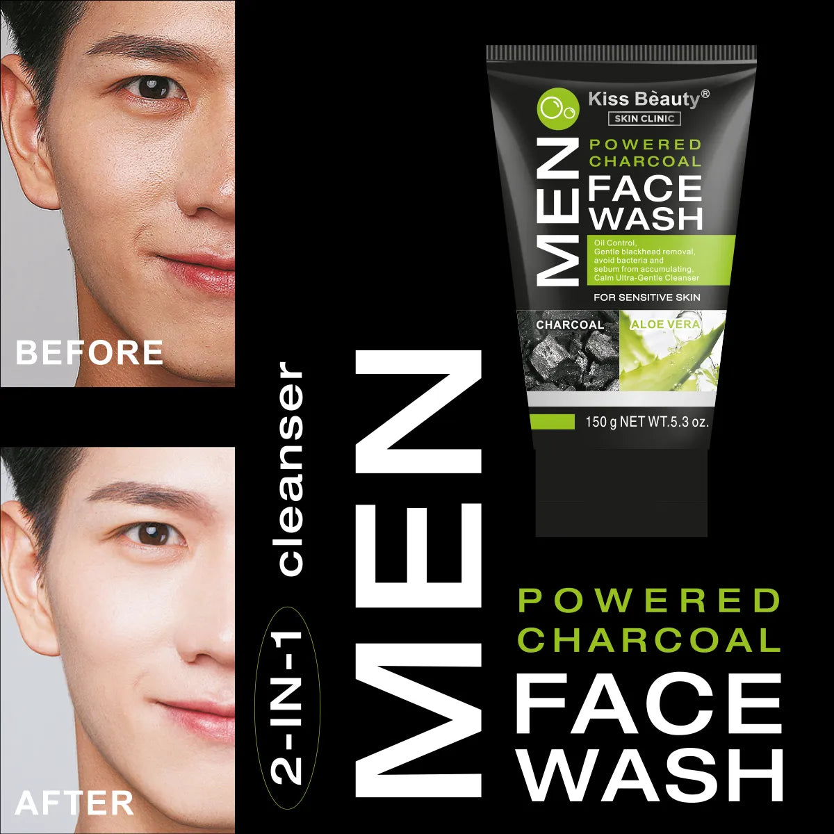 Limpiador Facial 2 In 1 Con Carbón Activo y Aloe Vera Para Hombres