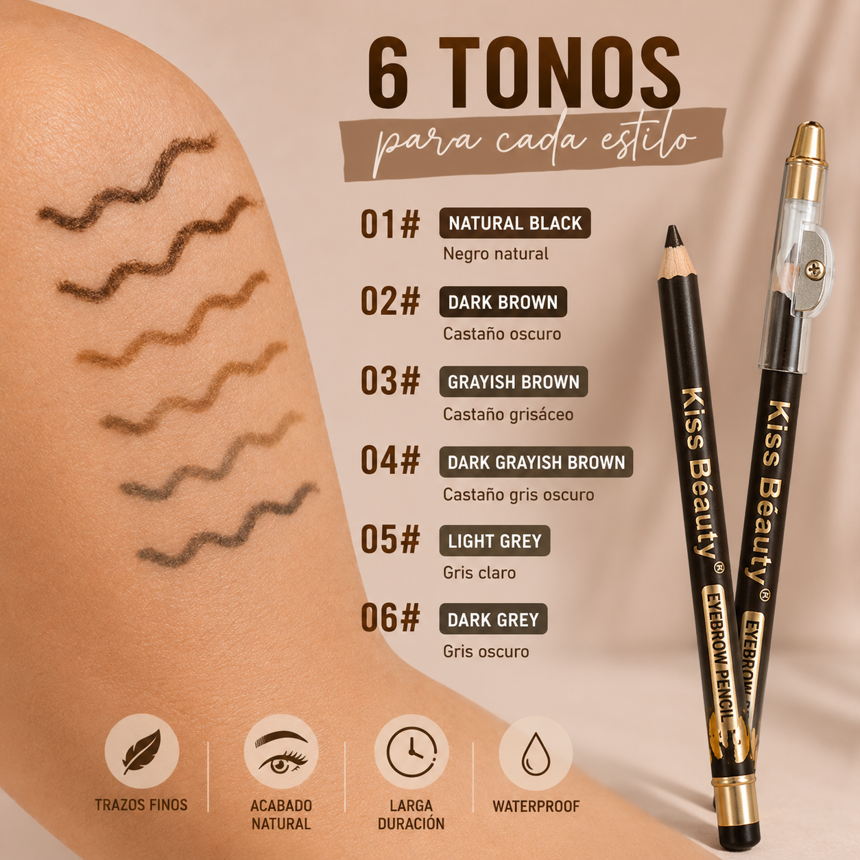 Lápiz para Cejas Delicado y Suave, No Reseca, Larga Duración, Impermeable, 6 Tonos, Waterproof con Sacapuntas Incluida.