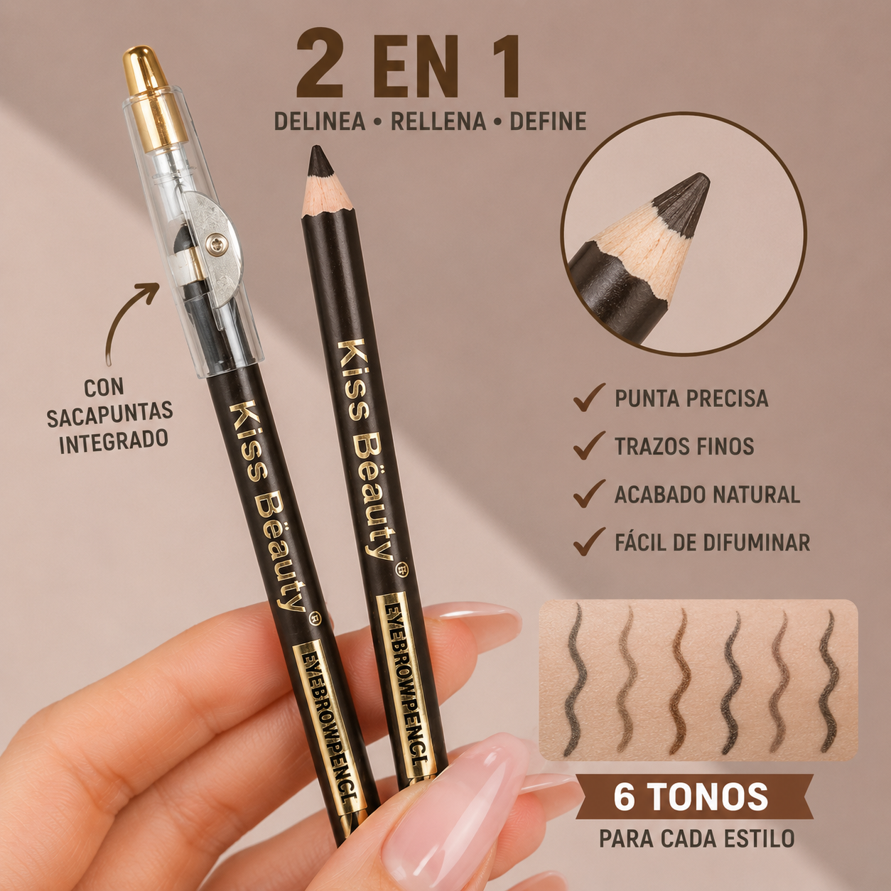 Lápiz para Cejas Delicado y Suave, No Reseca, Larga Duración, Impermeable, 6 Tonos, Waterproof con Sacapuntas Incluida.