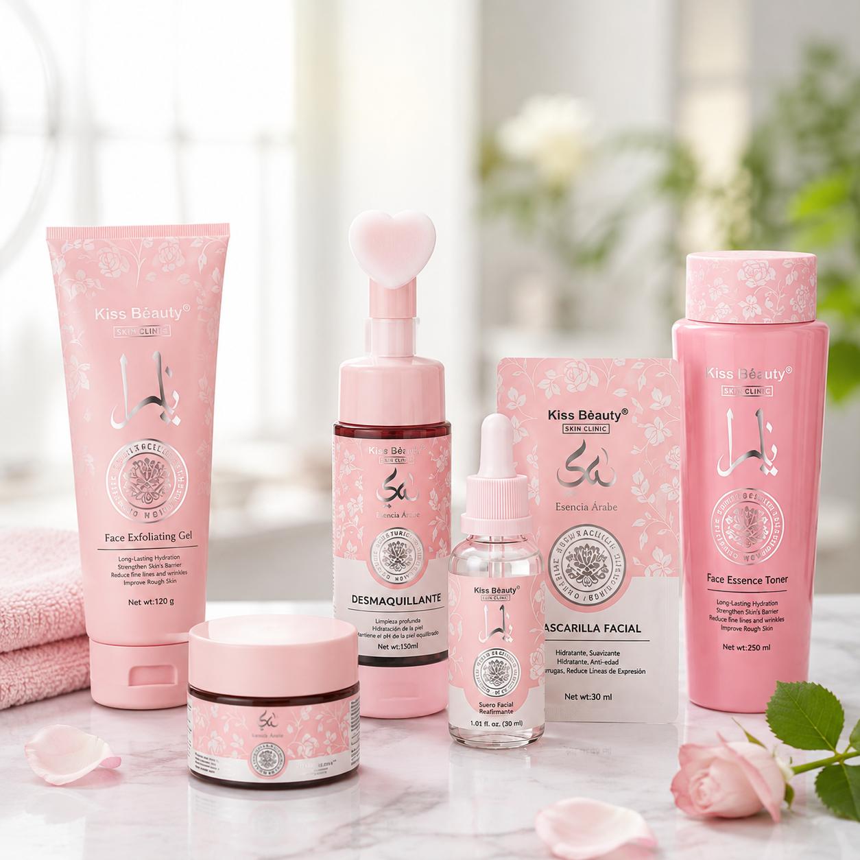 Lote 5 Productos Faciales, Ambientado en Esencia Árabe, Limpiador Facial con Aplicador,  Gel Exfoliante o Limpiador Faci