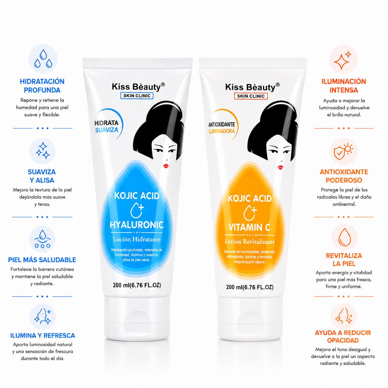 Serie de Loción Hidratante Corporal Iluminadora con Kojic Acid , Boost, Hydro, Radiante, Refinadora, Suavizante. Con Ácido Hialurónico, AHA, Glutatión, Niacinamida y Vitamina C.
