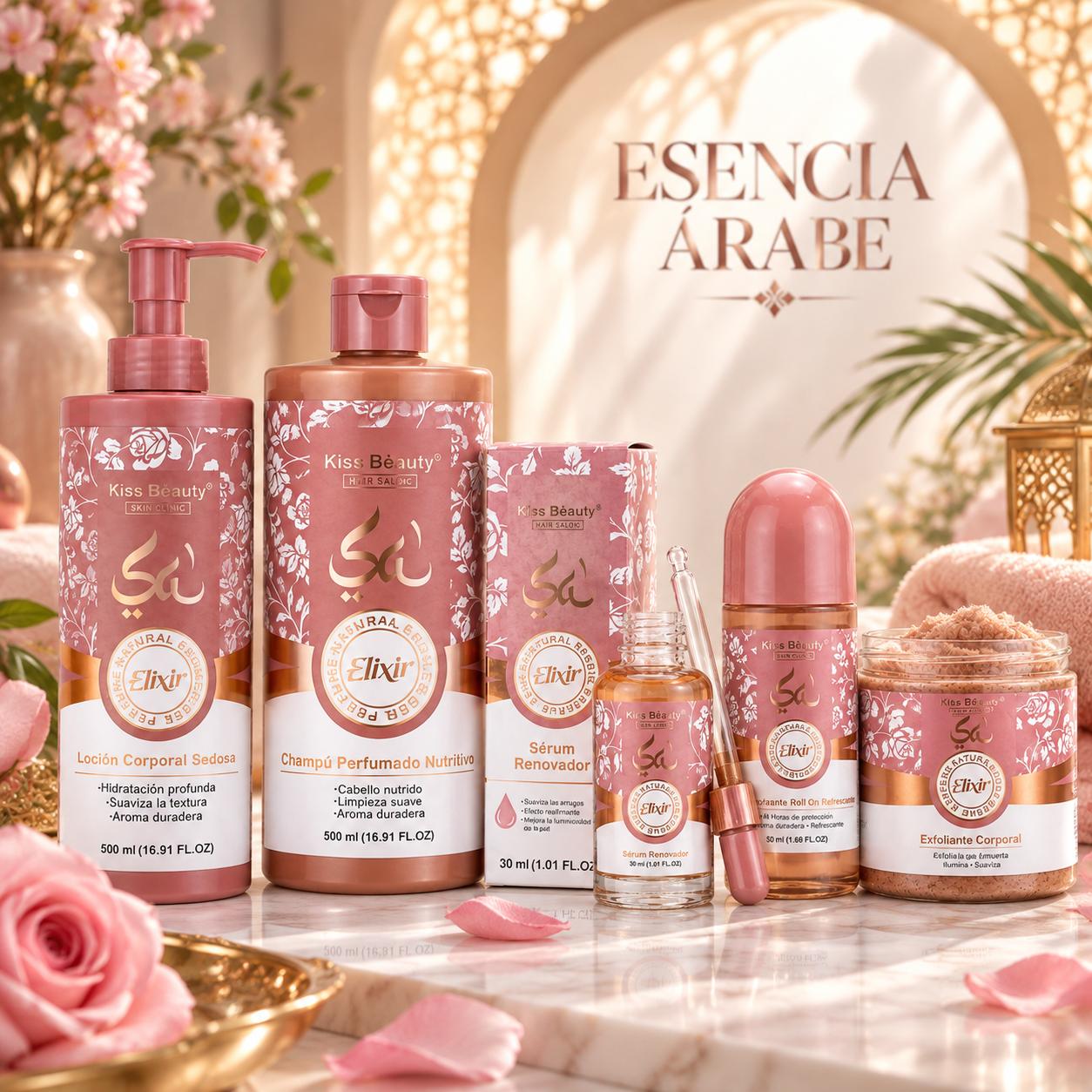 Colección Esencia Árabe Serie Elixir, Loción Corporal, Gel de Ducha, Desodorante, Sérum Facial Renovador, Exfoliante Cor