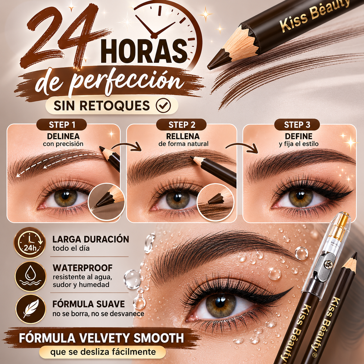 Lápiz para Cejas Delicado y Suave, No Reseca, Larga Duración, Impermeable, 6 Tonos, Waterproof con Sacapuntas Incluida.
