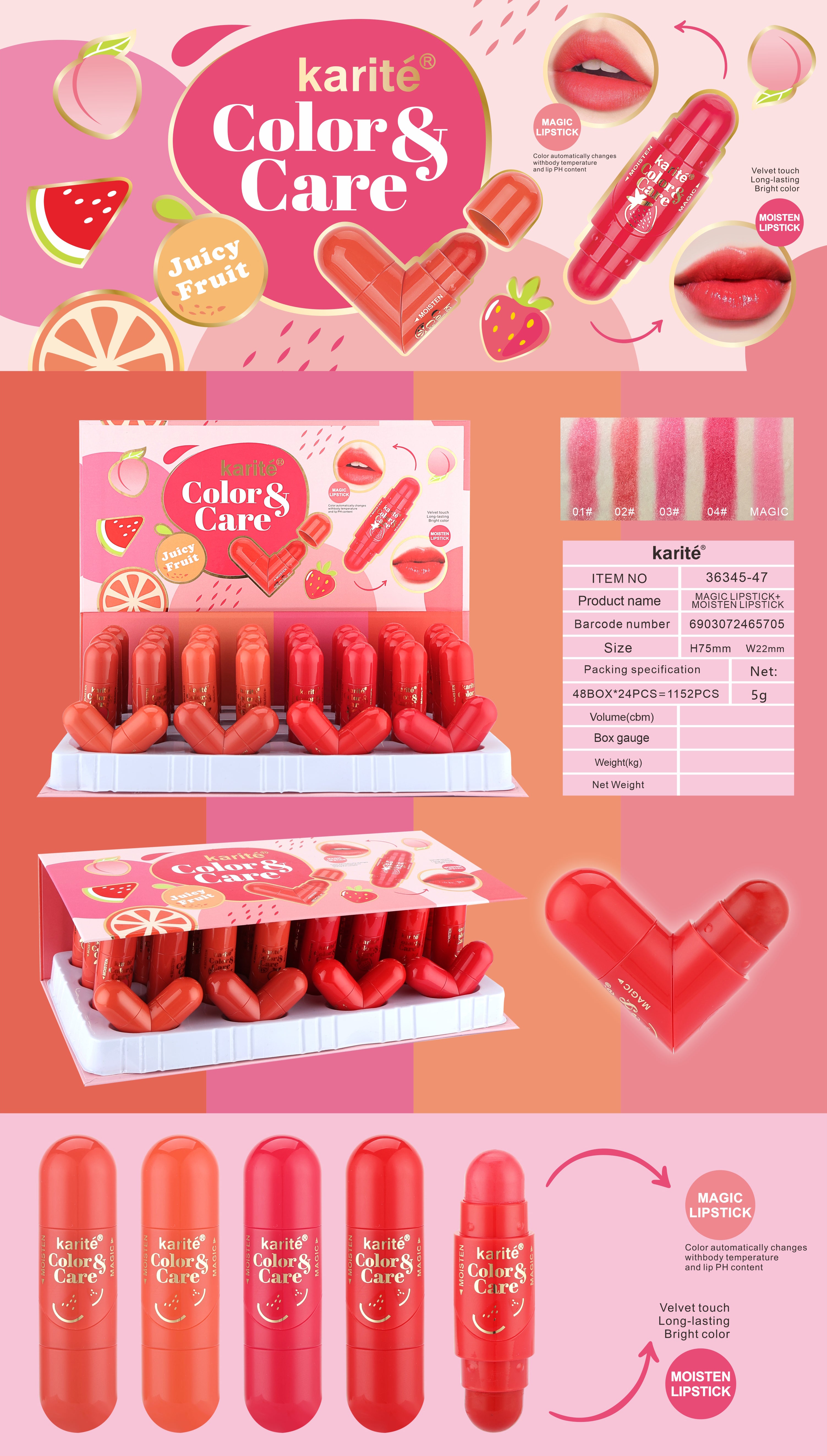 Pintalabios Mágico + Humectante Labial Cambia de Color con Temperatura y pH Tacto Aterciopelado Brillante y Duradero