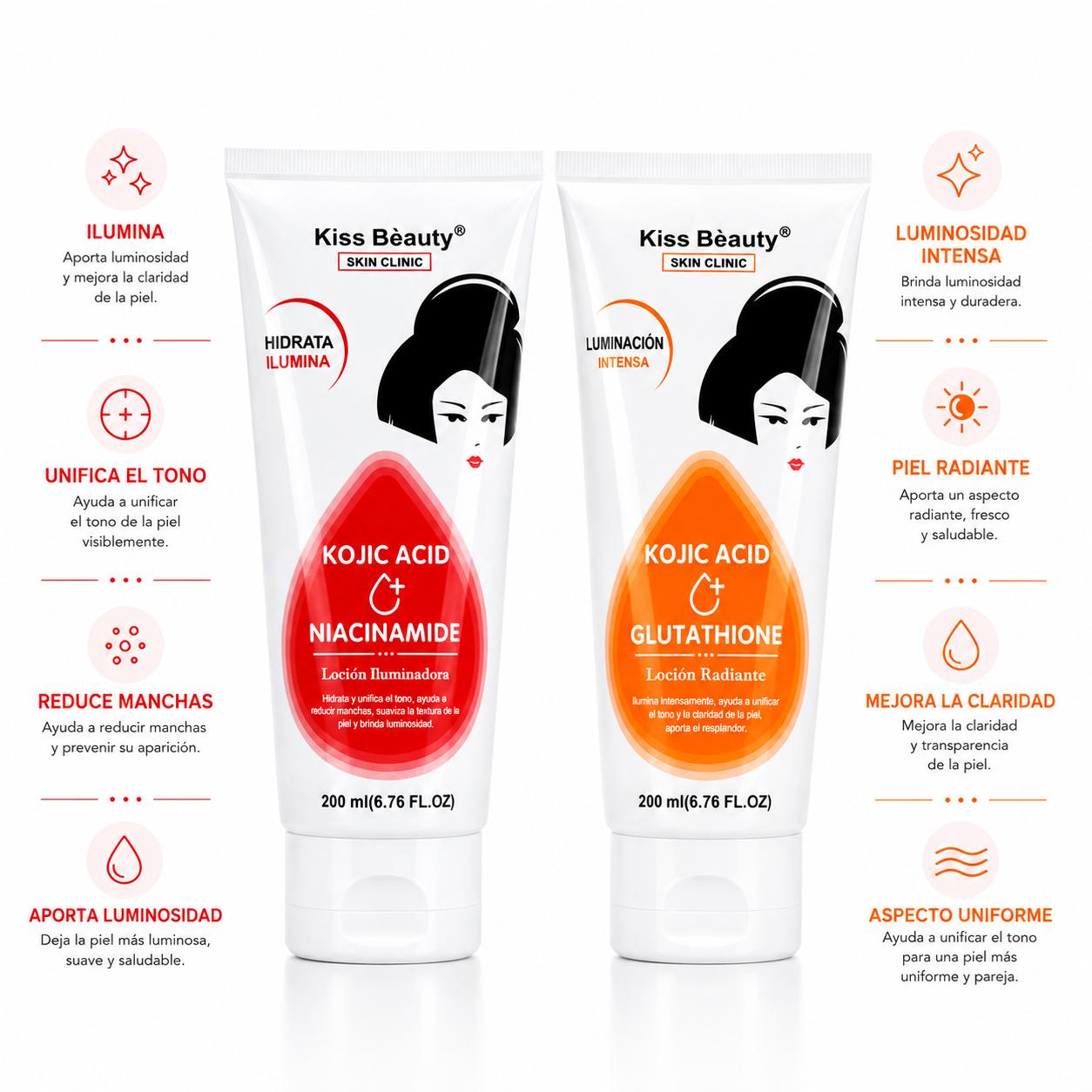 Serie de Loción Hidratante Corporal Iluminadora con Kojic Acid , Boost, Hydro, Radiante, Refinadora, Suavizante. Con Ácido Hialurónico, AHA, Glutatión, Niacinamida y Vitamina C.