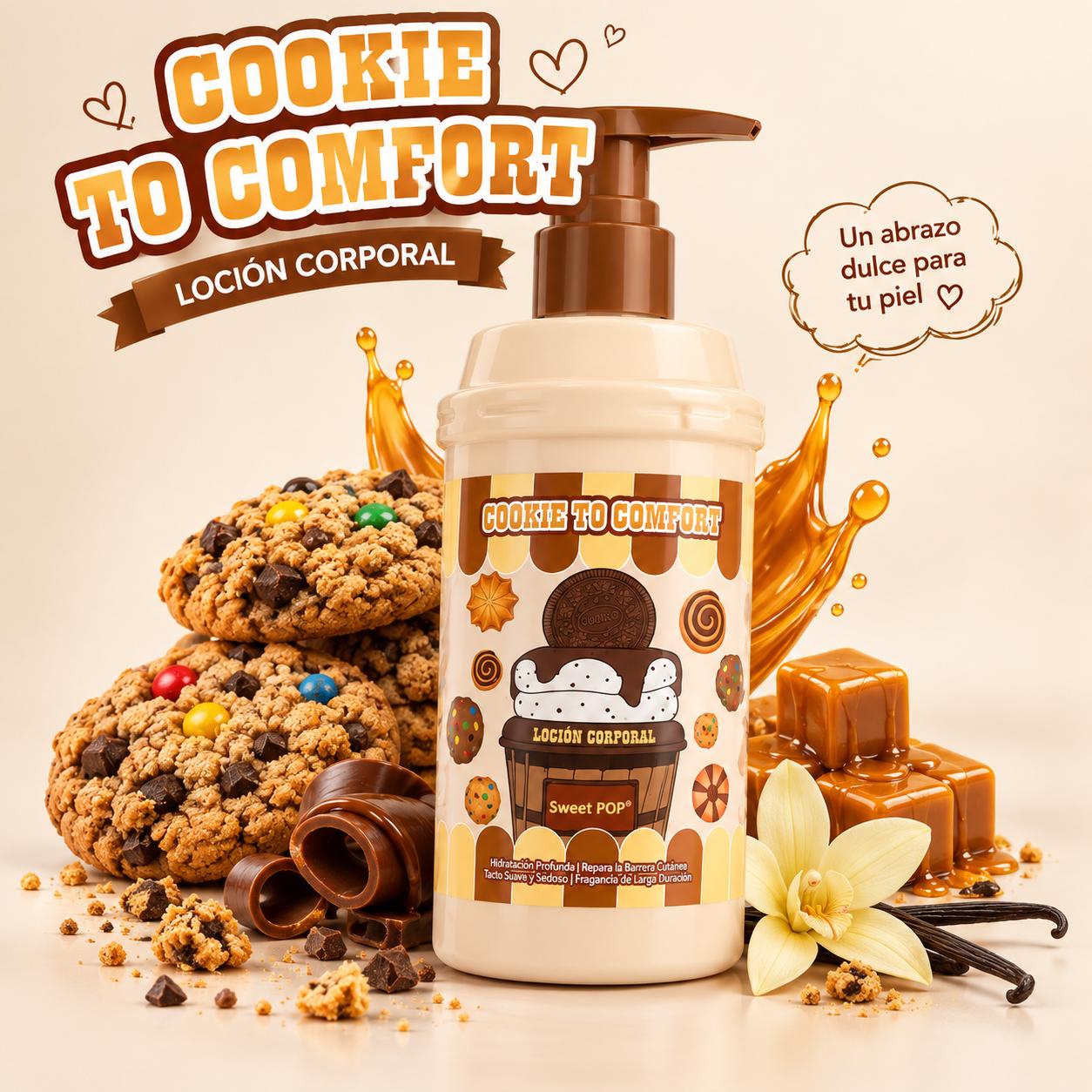 Serie Cookie to Comfort, Cuidado de Piel, Línea Comfort. Limpiador Facial, Bruma, Gel de Ducha, Loción Corporal, Champú 