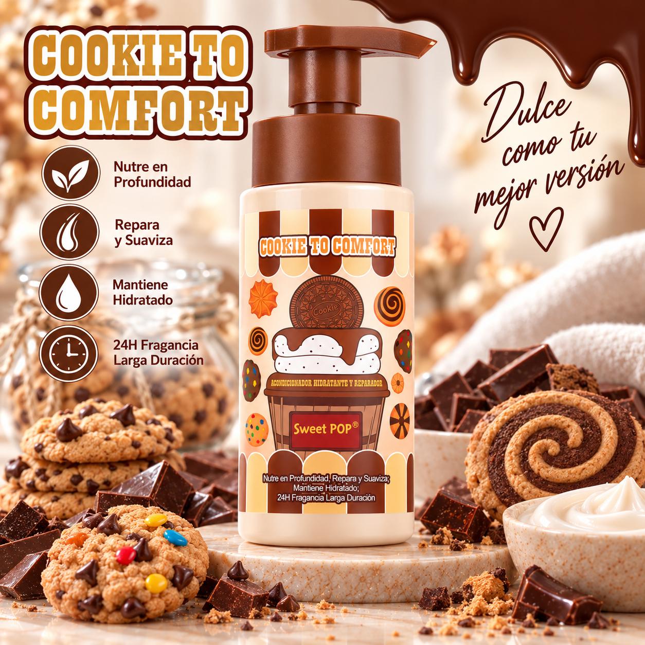 Serie Cookie to Comfort, Cuidado de Piel, Línea Comfort. Limpiador Facial, Bruma, Gel de Ducha, Loción Corporal, Champú 