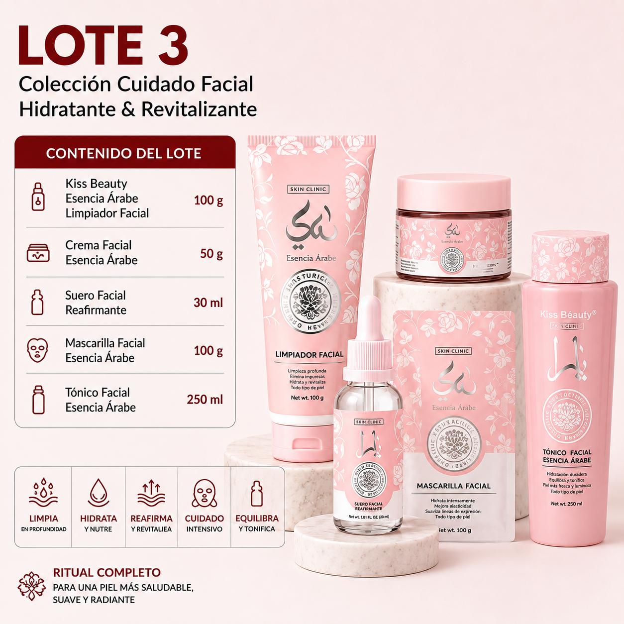 Lote 5 Productos Faciales, Ambientado en Esencia Árabe, Limpiador Facial con Aplicador,  Gel Exfoliante o Limpiador Faci