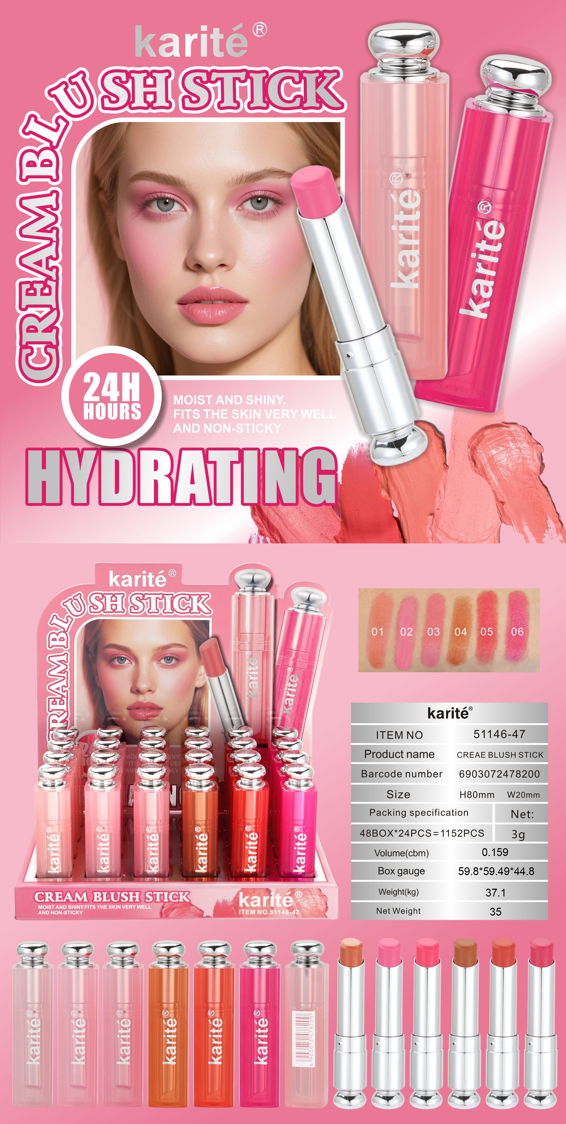 Colorete en Barra Hidratante – Cream Blush Stick de Larga Duración, Textura Cremosa y Acabado Natural (3 g)