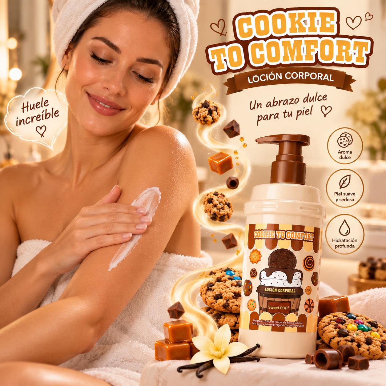 Serie Cookie to Comfort, Cuidado de Piel, Línea Comfort. Limpiador Facial, Bruma, Gel de Ducha, Loción Corporal, Champú 