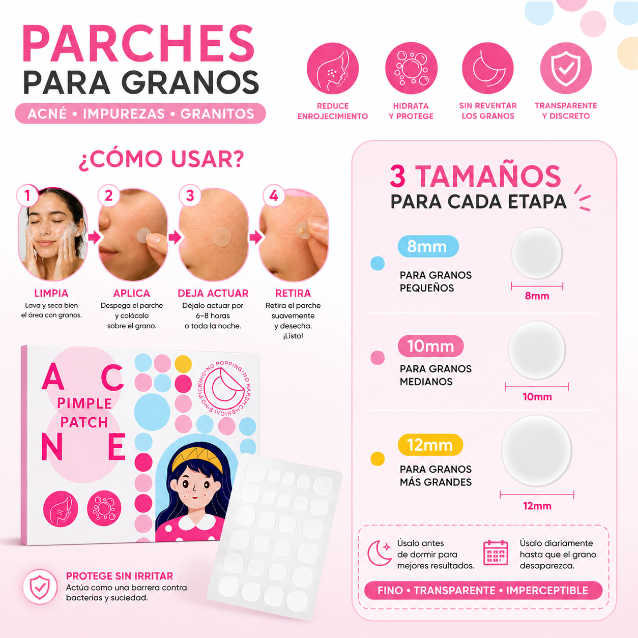Parches para Acné, Reductor de Granos. 3 Tipos de Tamaños.