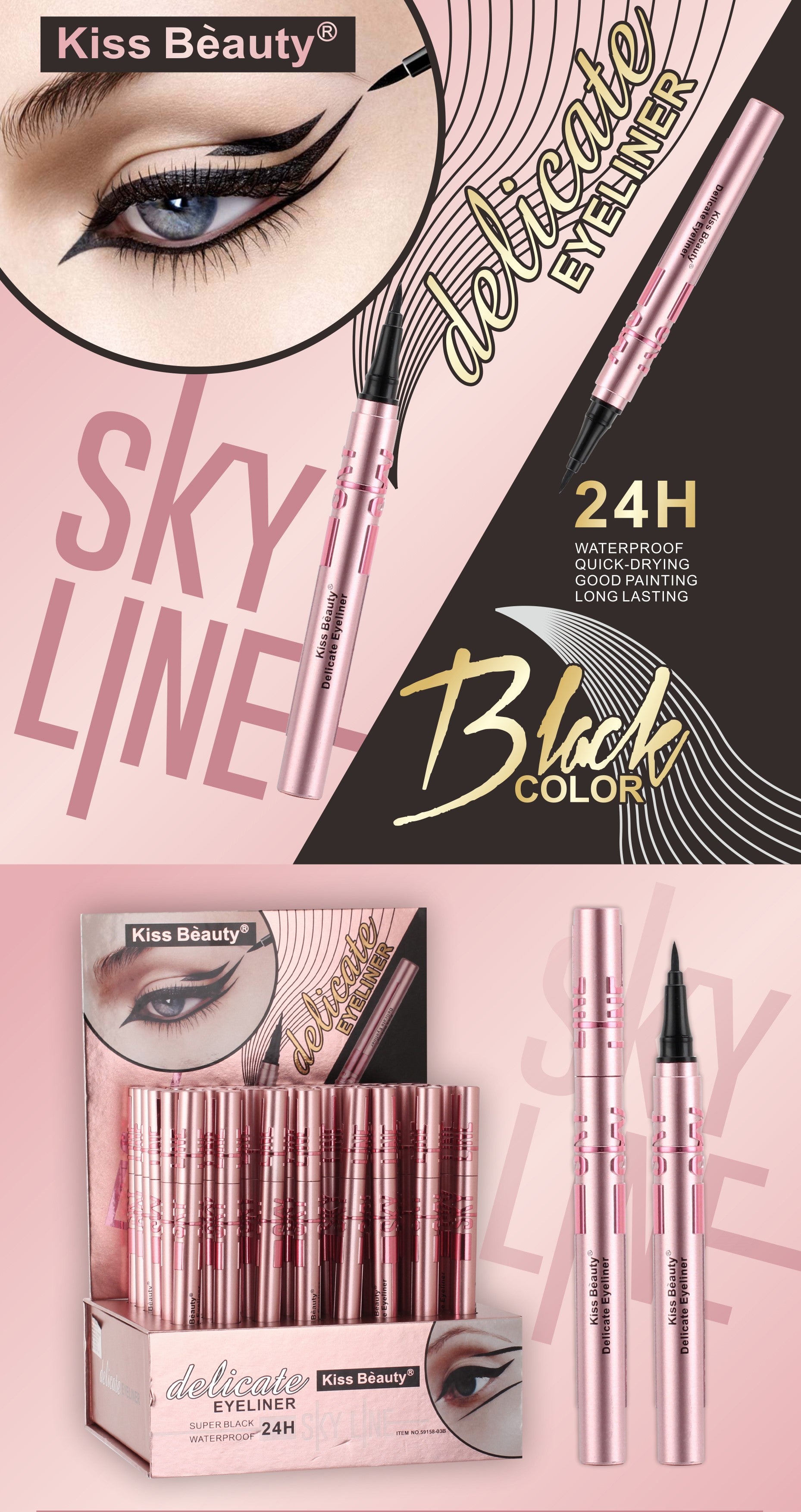 Delineador de Ojos Delicate Sky Line – Negro Intenso, Punta Precisa, Resistente al Agua, Secado Rápido, 24H