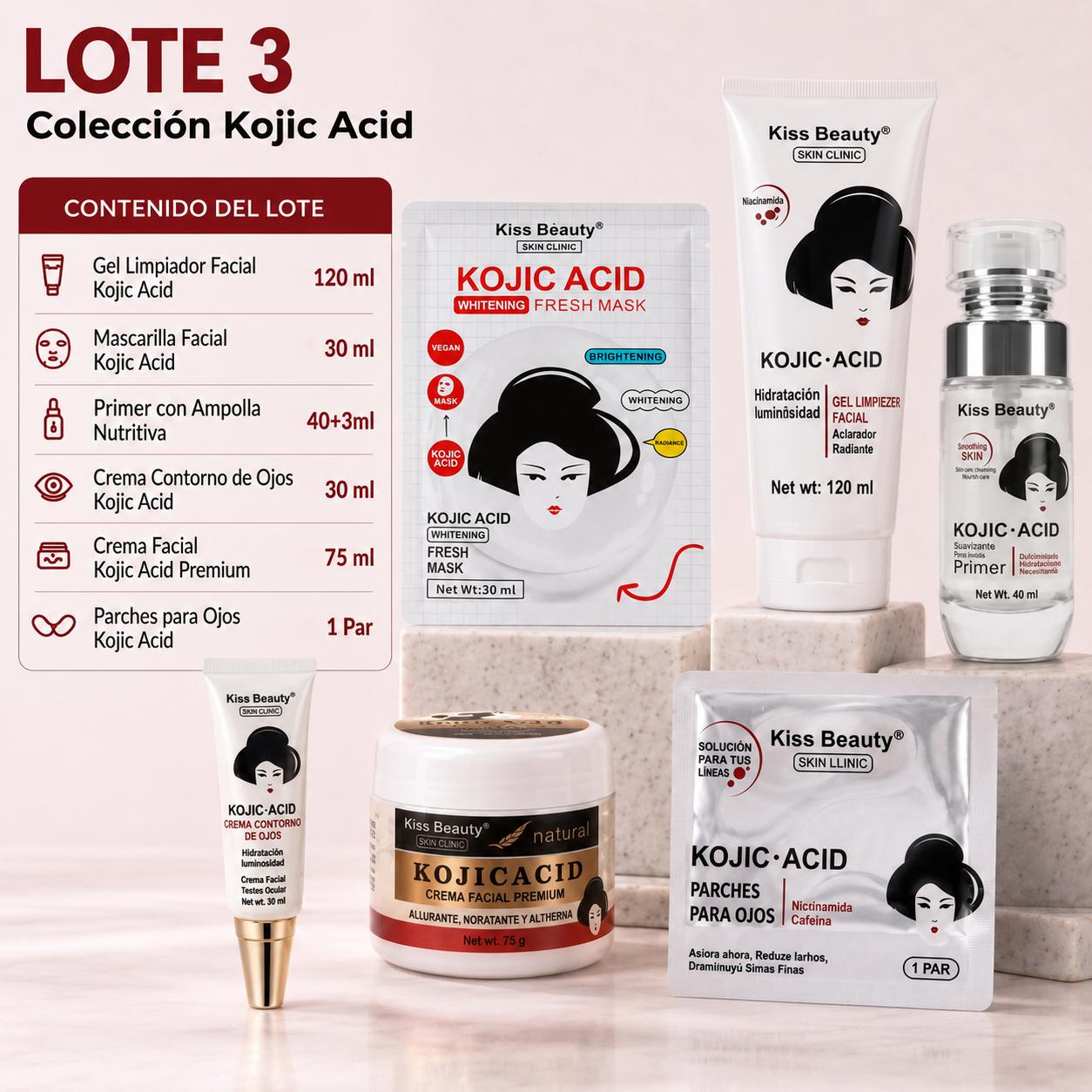 Set de Cuidado Facial con Ácido Kójico, Kojic Acid Skincare, Lote de 6 Productos. Antimancha, Piel Iluminada, Hidratada 