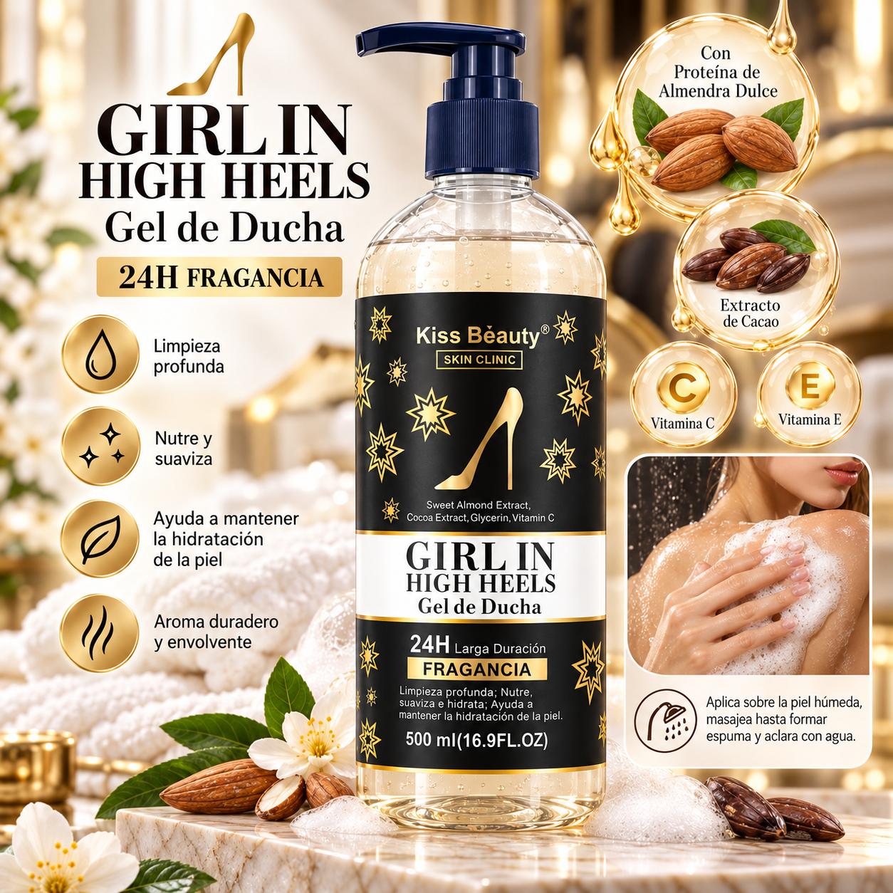 Serie Girl in High Heels – Colección de Cuidado Corporal, Capilar y Labial, Gel de Ducha, Champú Suavizante y Aceite Lab