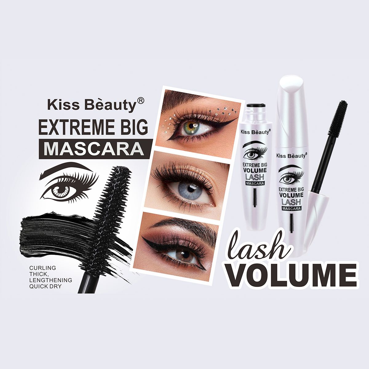 Máscara de Pestañas Extreme Big – Volumen Extremo, Riza y Alarga, Secado Rápido, Negro Intenso, 12 ml