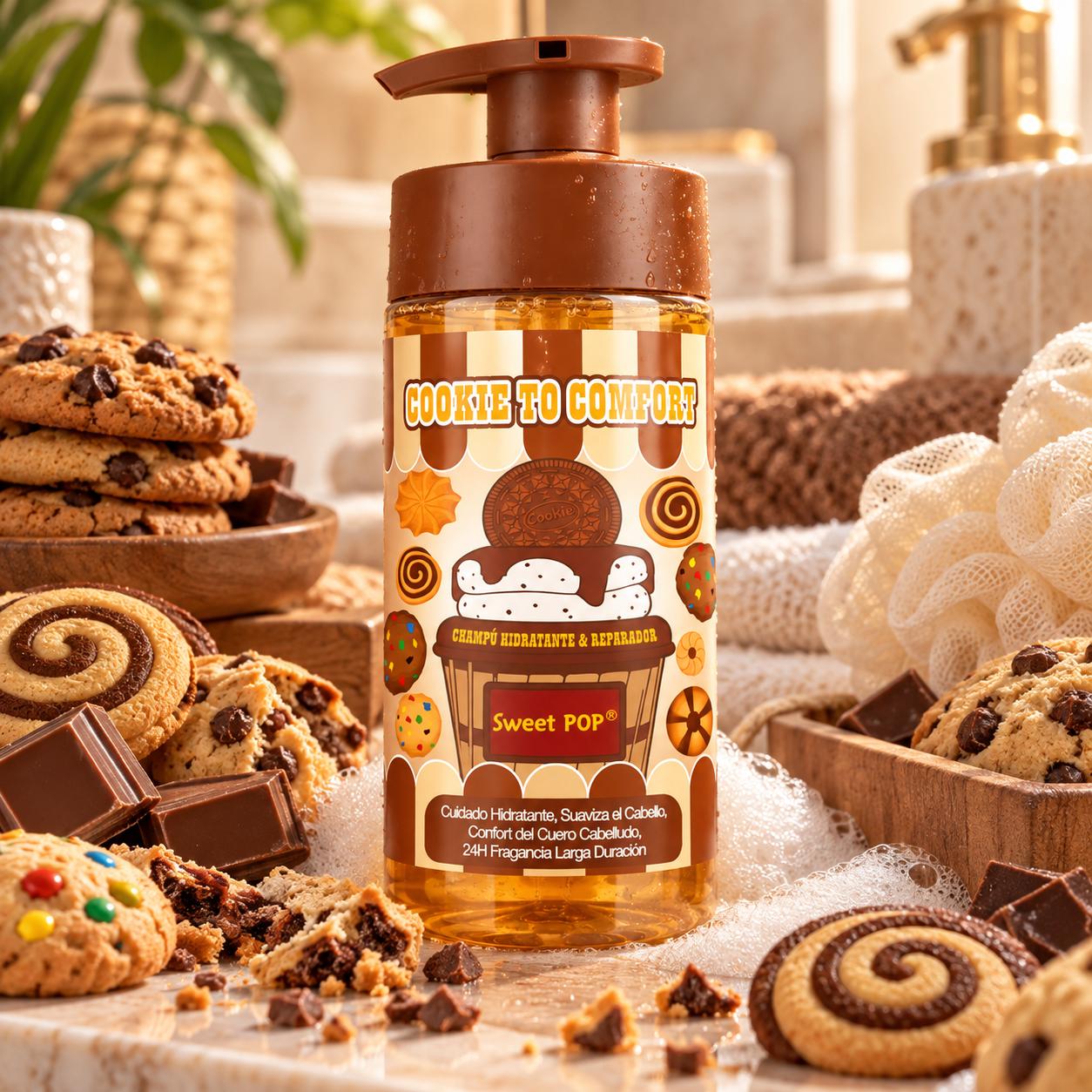 Serie Cookie to Comfort, Cuidado de Piel, Línea Comfort. Limpiador Facial, Bruma, Gel de Ducha, Loción Corporal, Champú 