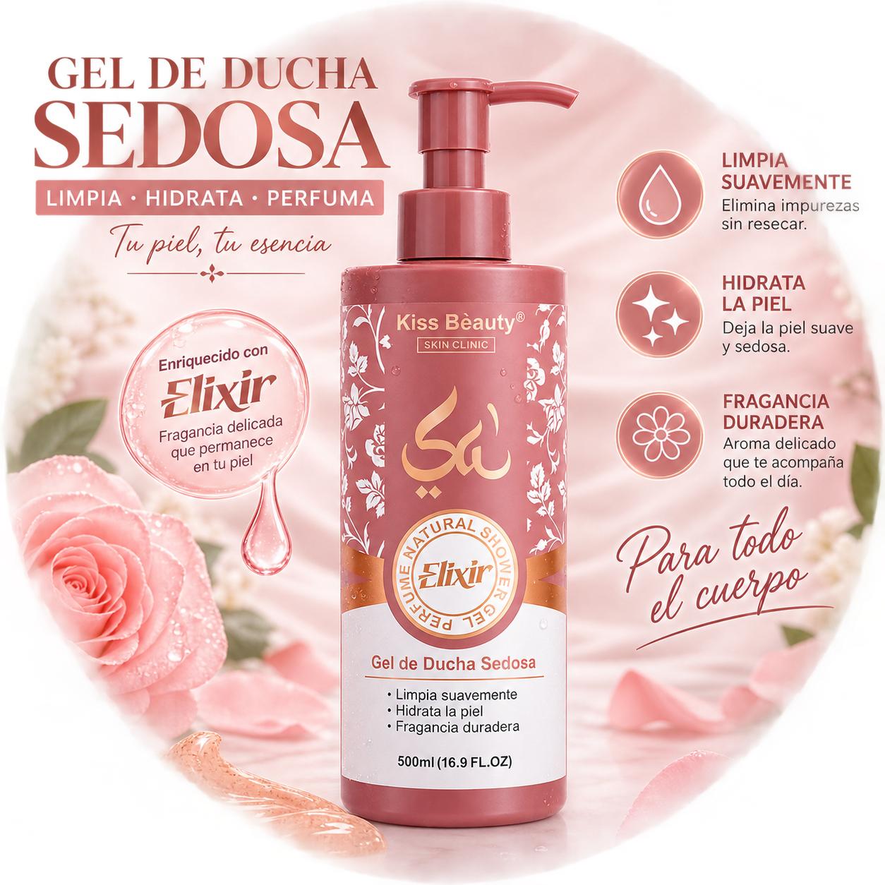 Colección Esencia Árabe Serie Elixir, Loción Corporal, Gel de Ducha, Desodorante, Sérum Facial Renovador, Exfoliante Cor